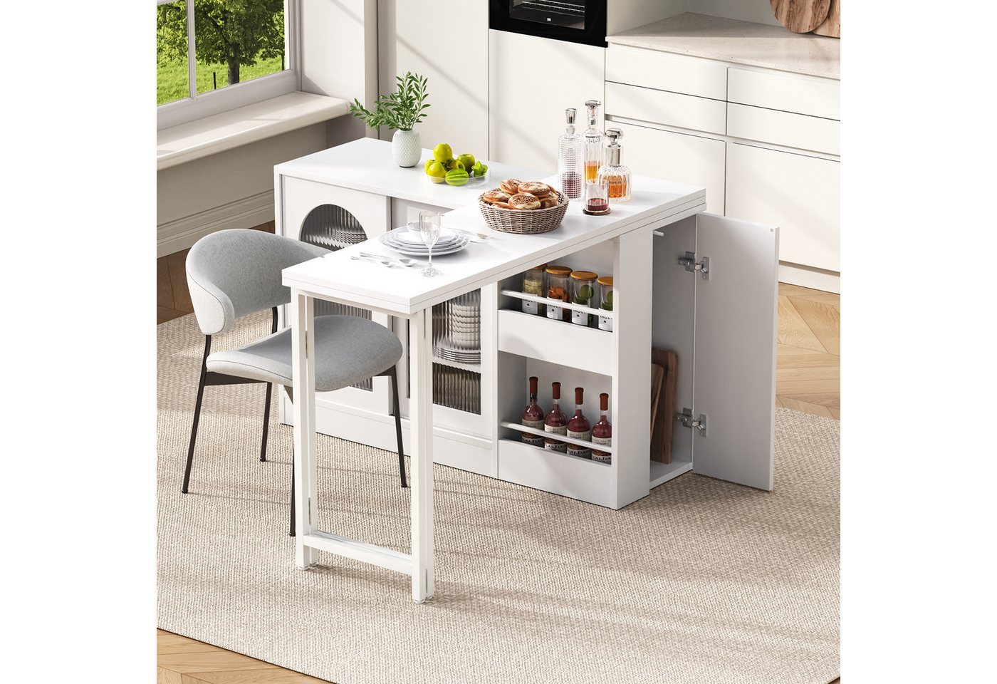 Merax Kücheninsel Esstische Bartisch 360°Drehbar, Ausziehbar Reversibel, Esszimmertisch Sideboard mit Glastür, Lagerregal, Küchentisch Bild 5