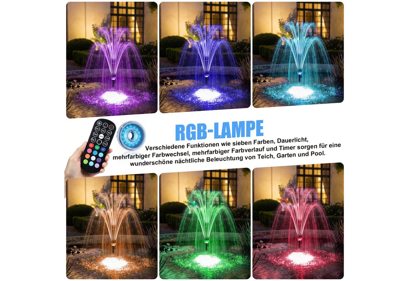 XERSEK Gartenbrunnen 45W 3000L/H LED Springbrunnenpumpe mit Teichfilter UVC-Klärer 3 Düsen, (Wasserpumpe mit 6M Kabellänge), Fontäne für Gartenteich, Wasserfall