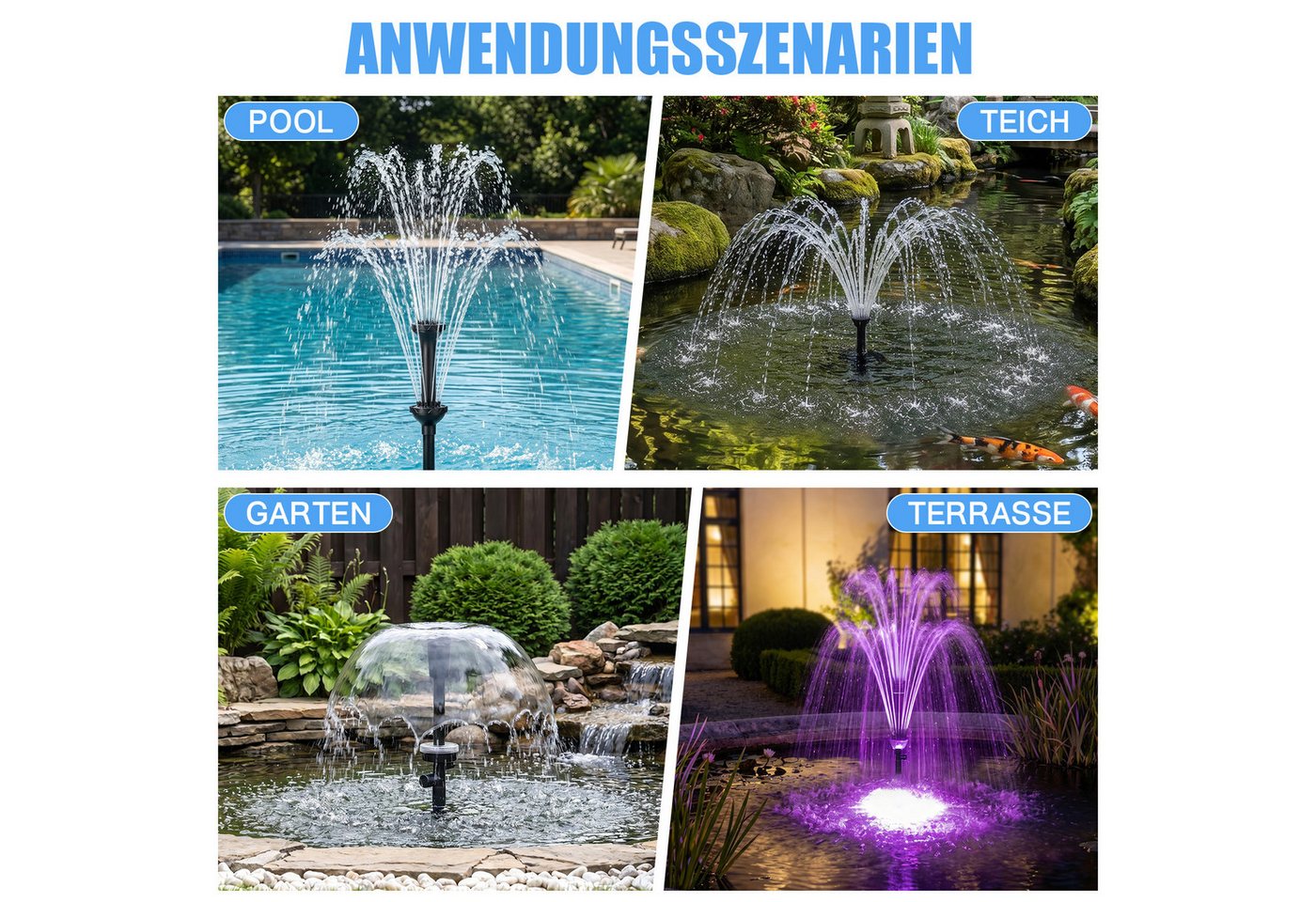 XERSEK Gartenbrunnen 45W 3000L/H LED Springbrunnenpumpe mit Teichfilter UVC-Klärer 3 Düsen, (Wasserpumpe mit 6M Kabellänge), Fontäne für Gartenteich, Wasserfall Bild 2