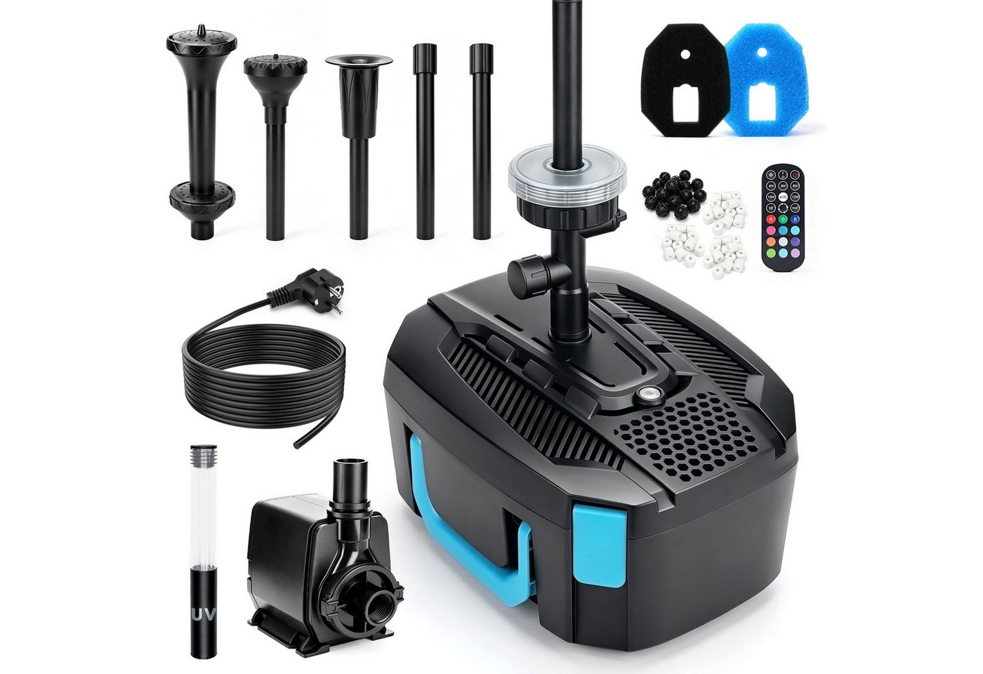 XERSEK Gartenbrunnen 45W 3000L/H LED Springbrunnenpumpe mit Teichfilter UVC-Klärer 3 Düsen, (Wasserpumpe mit 6M Kabellänge), Fontäne für Gartenteich, Wasserfall Bild 4