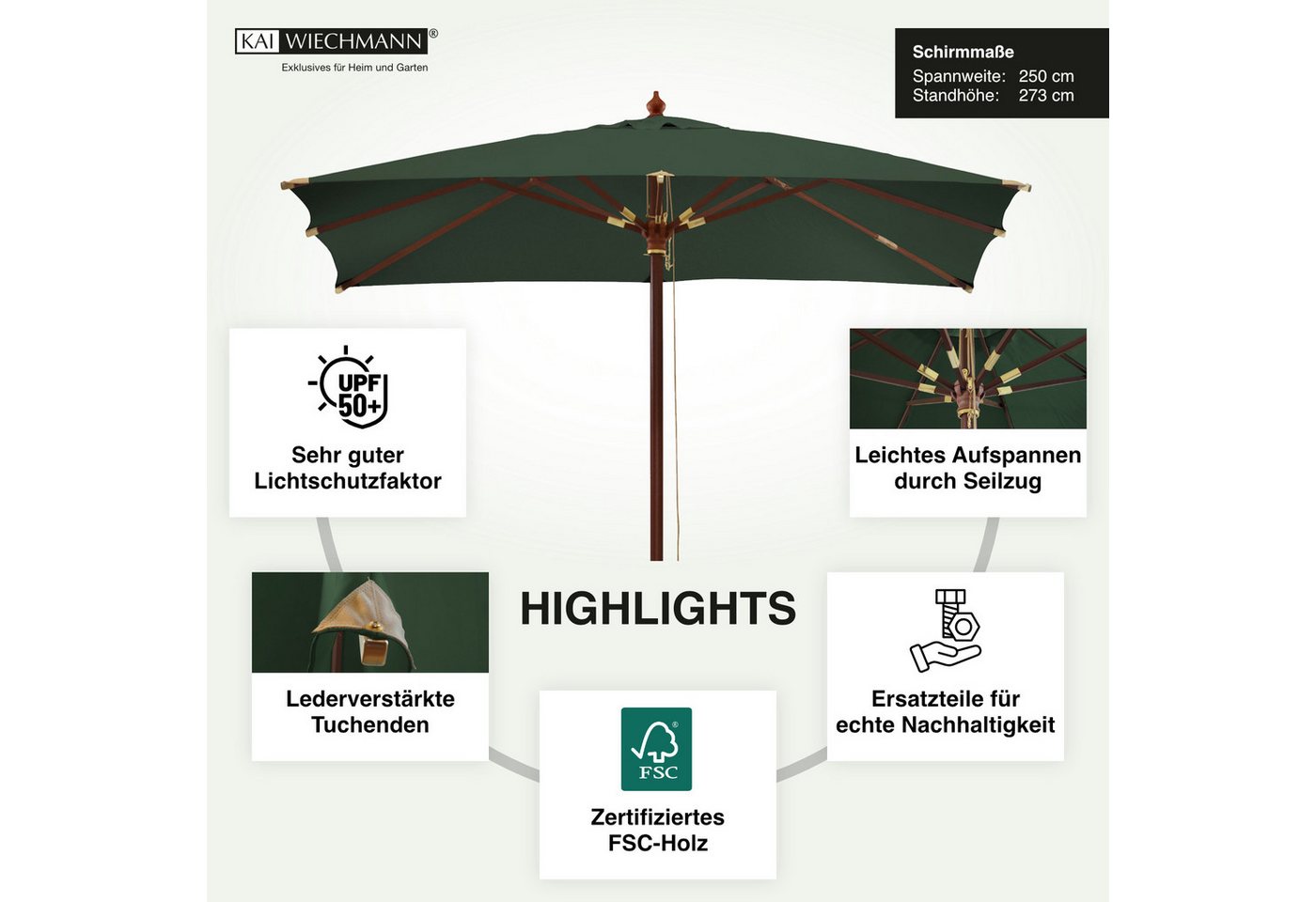Kai Wiechmann Sonnenschirm Quadratischer Balkonschirm 250 cm als hochwertiger Sonnenschutz, Gartenschirm aus Holz mit Windauslass & UPF 50+