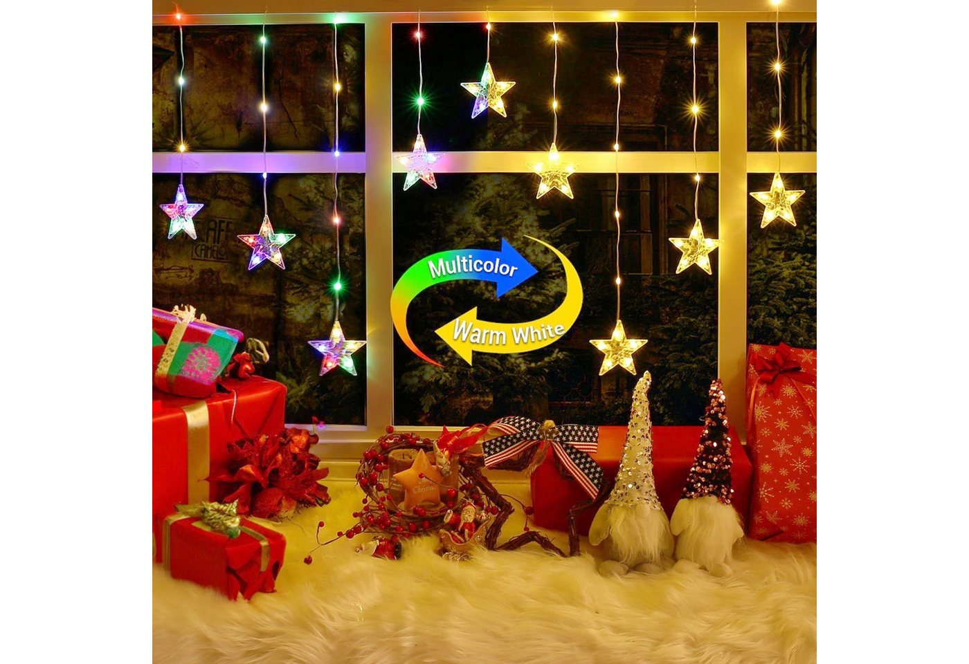 Quntis Lichterkette Lichterkette Weihnachtsdeko Fenster Warmweiß/Bunt, Timer 8 Modi, LED Fensterbilder für Innen/Außen/Fenster Weihanchten Deko