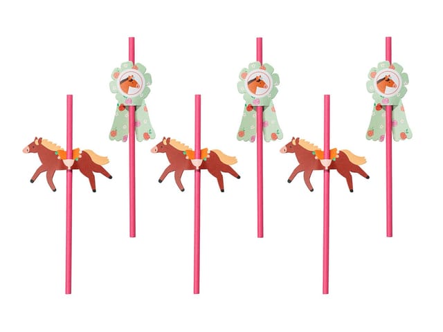 partydeco Trinkhalme, Papierstrohhalme 19cm mit Pferde Topper 6er Set Pink / Braun / Grün