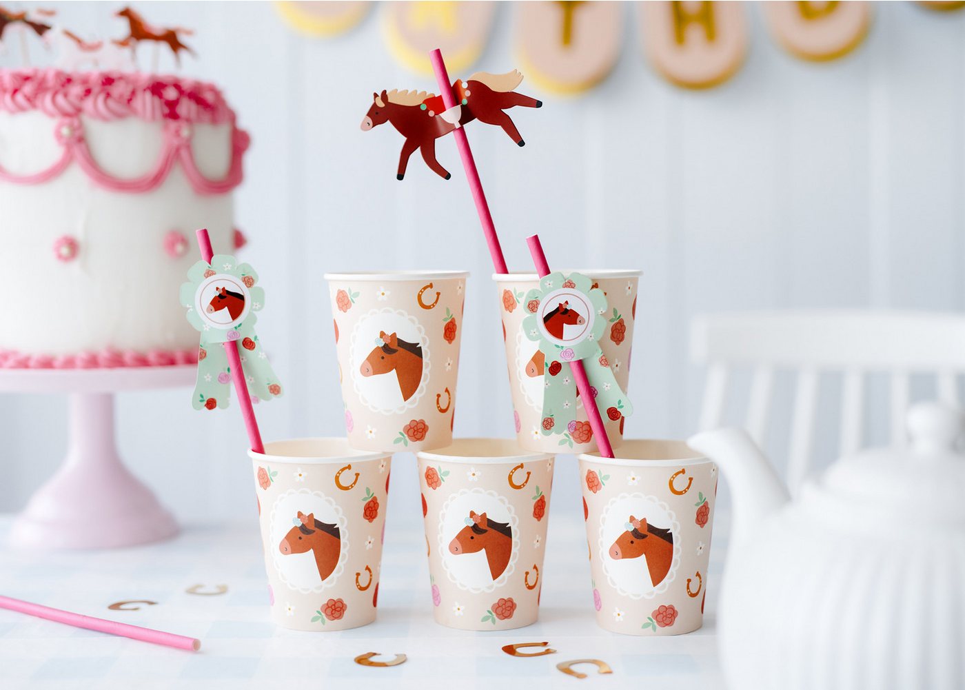 partydeco Trinkhalme, Papierstrohhalme 19cm mit Pferde Topper 6er Set Pink / Braun / Grün Bild 3