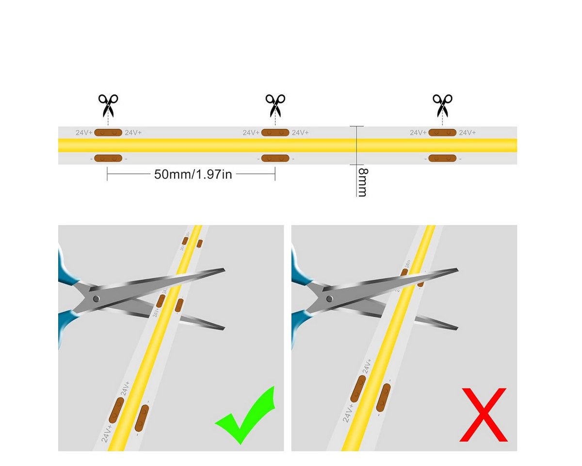 V-TAC LED Stripe COB LED Streifen DC 24V LED Strips mit 480 LEDs 8mm Breite 5 oder 10 m, 120w, 11000 Lumen, Warmweiß 2700K, dimmbar, 10 x 0,008 m (LxB), IP20 Bild 4