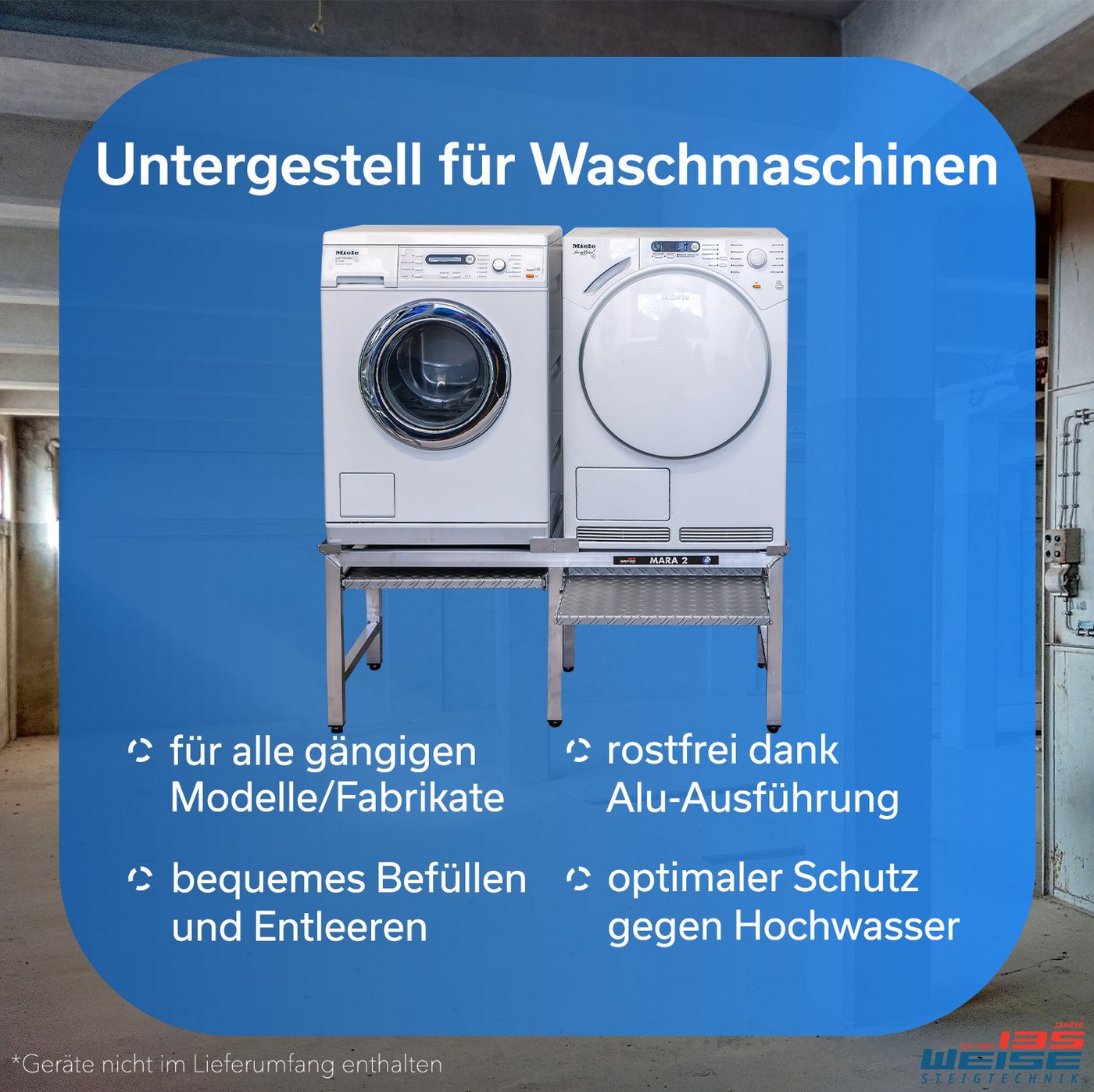 Weise Steigtechnik Waschmaschinenuntergestell Mara 2, für Waschmaschinen & Trockner, 1000kg Tragkraft, 50cm hoch mit Auszug Bild 5