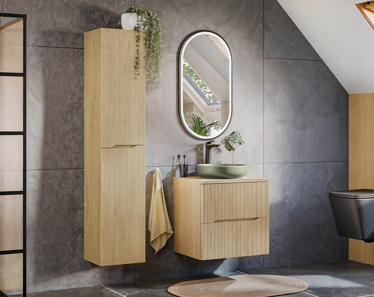 einfachgutemoebel Waschtisch-Set Badezimmer Hochschrank STEINFJORD, 2-türig 170cm hoch, oak, (Badmöbel Set, 1-St., Bad Hochschrank 2-türig) Bild 2