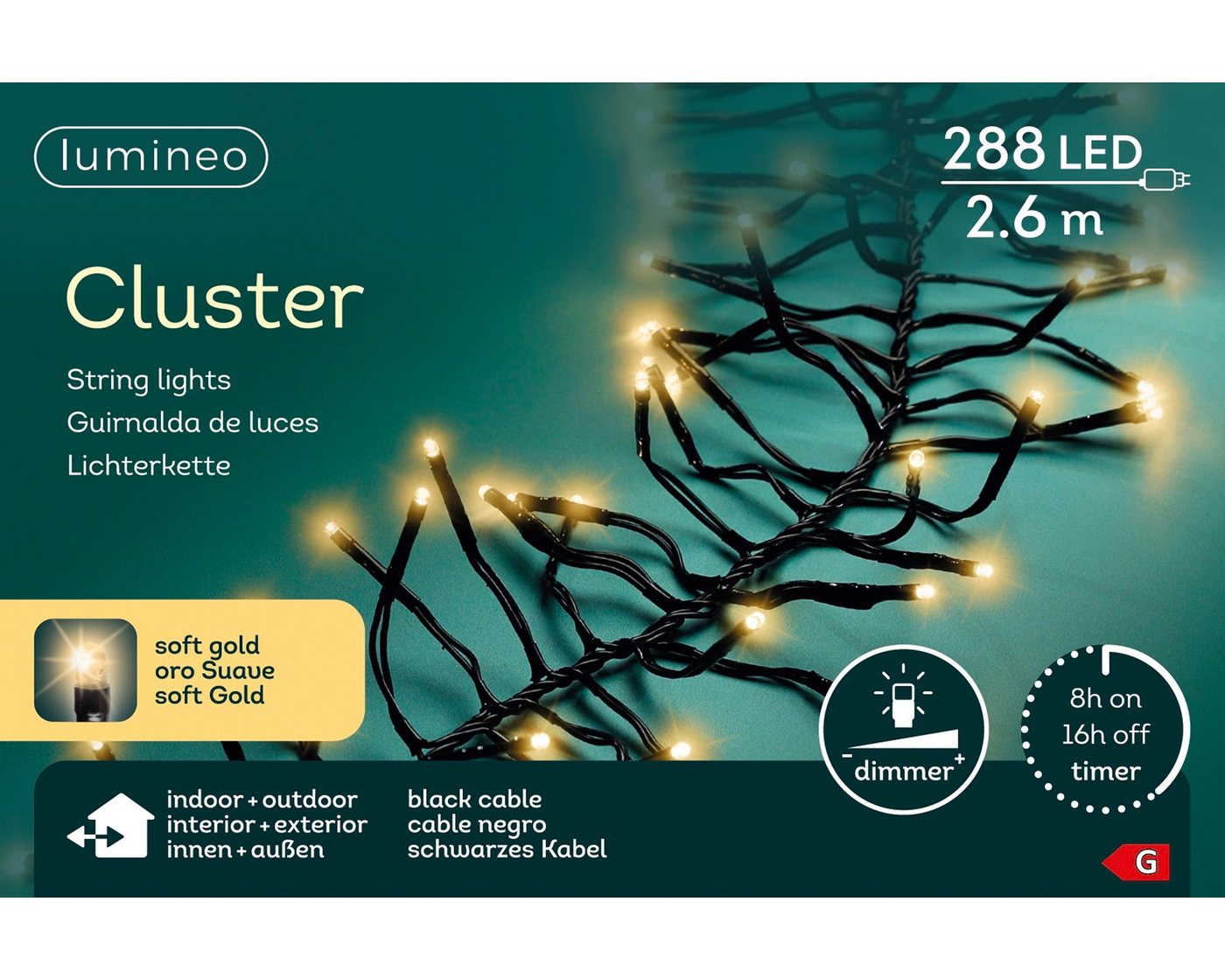 Lumineo LED-Lichterkette Lumineo Lichterkette CLUSTER 288 LED 2,6 m Soft Gold, schwarzes Kabel, Indoor/Outdoor, dimmbar, 8h-Timer, + 5 m Zuleitung