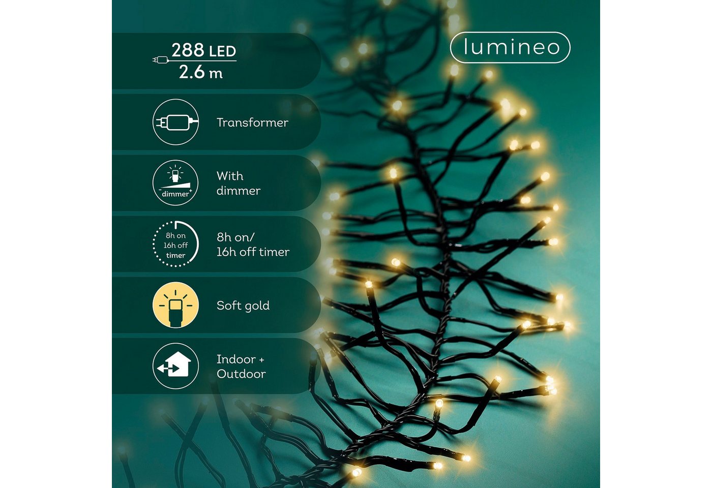 Lumineo LED-Lichterkette Lumineo Lichterkette CLUSTER 288 LED 2,6 m Soft Gold, schwarzes Kabel, Indoor/Outdoor, dimmbar, 8h-Timer, + 5 m Zuleitung Bild 2