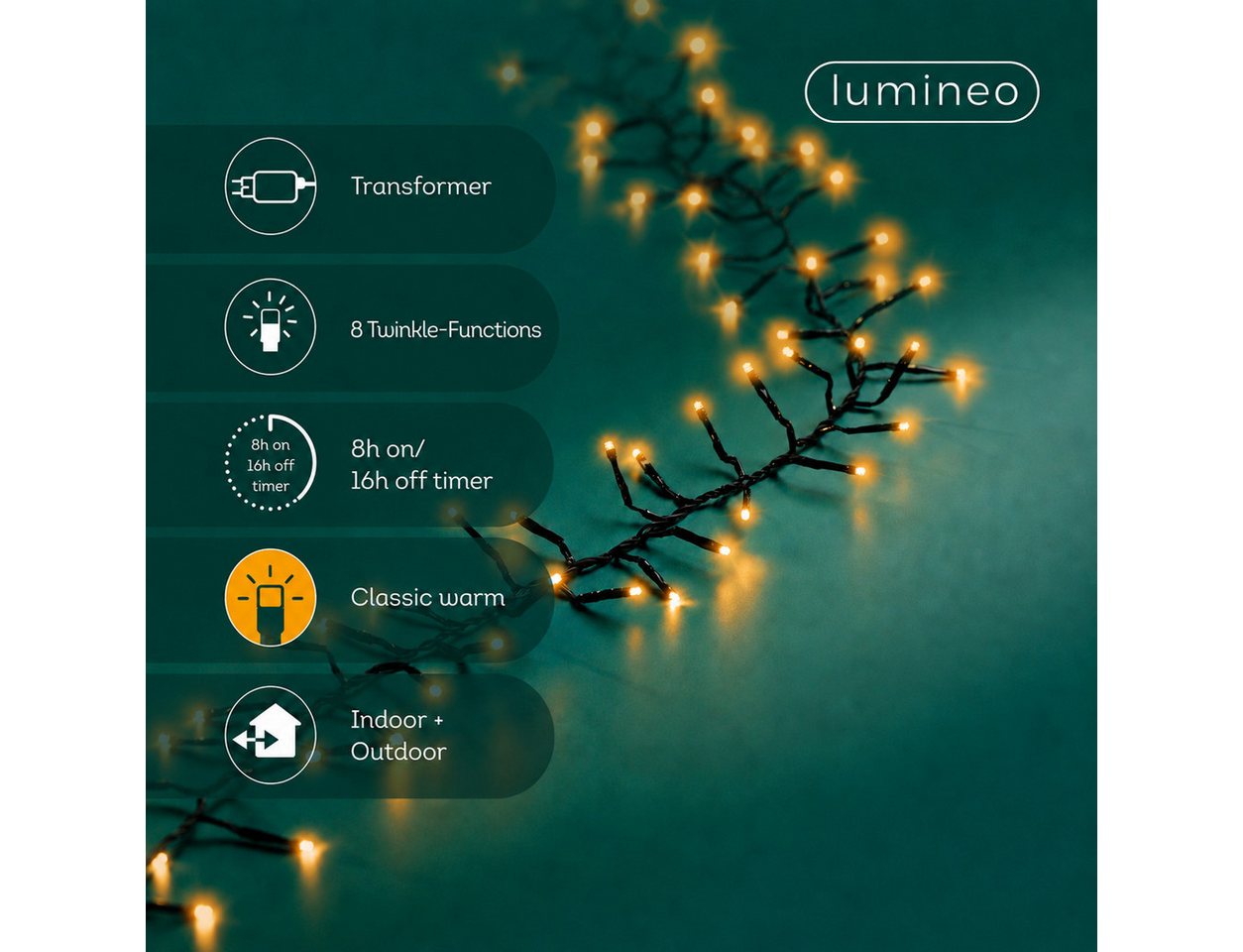 Lumineo LED-Lichterkette Lumineo Lichterkette EXCELLENT TWINKLE 960 LED 15 m klassisch warm, Indoor/Outdoor, 8 Effekte, 8h-Timer, + 5 Meter Zuleitung