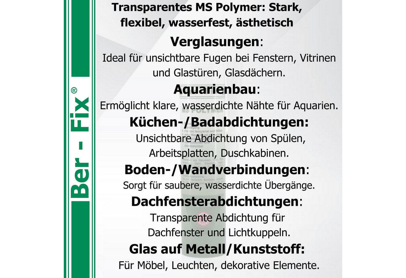 Ber-Fix Montagekleber MS Polymer Transparent BFX-11026-T – Glasklar, (Einzelartikel, 1-tlg), Spiegelgeeignet & Unterwasserfest Bild 4