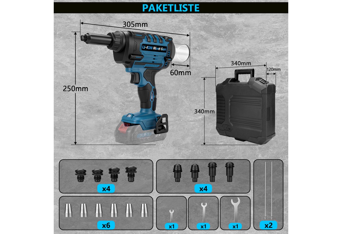 XERSEK Blindnietzange Akku Nietzange Popnietenzange Kompatibel Makita Akku, Blindnietzange, Für Alu-Nieten 2,4-6,0mm, inkl.4 Spannzangen, Koffer, 3 Ersatzbacken, Setzkraft: 10kN, Werkstatt/Höhenarbeiten/DIY-Projekte usw. Bild 3