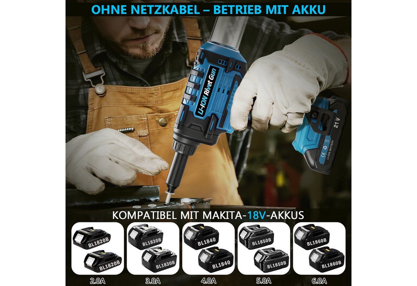 XERSEK Blindnietzange Akku Nietzange Popnietenzange Kompatibel Makita Akku, Blindnietzange, Für Alu-Nieten 2,4-6,0mm, inkl.4 Spannzangen, Koffer, 3 Ersatzbacken, Setzkraft: 10kN, Werkstatt/Höhenarbeiten/DIY-Projekte usw. Bild 4