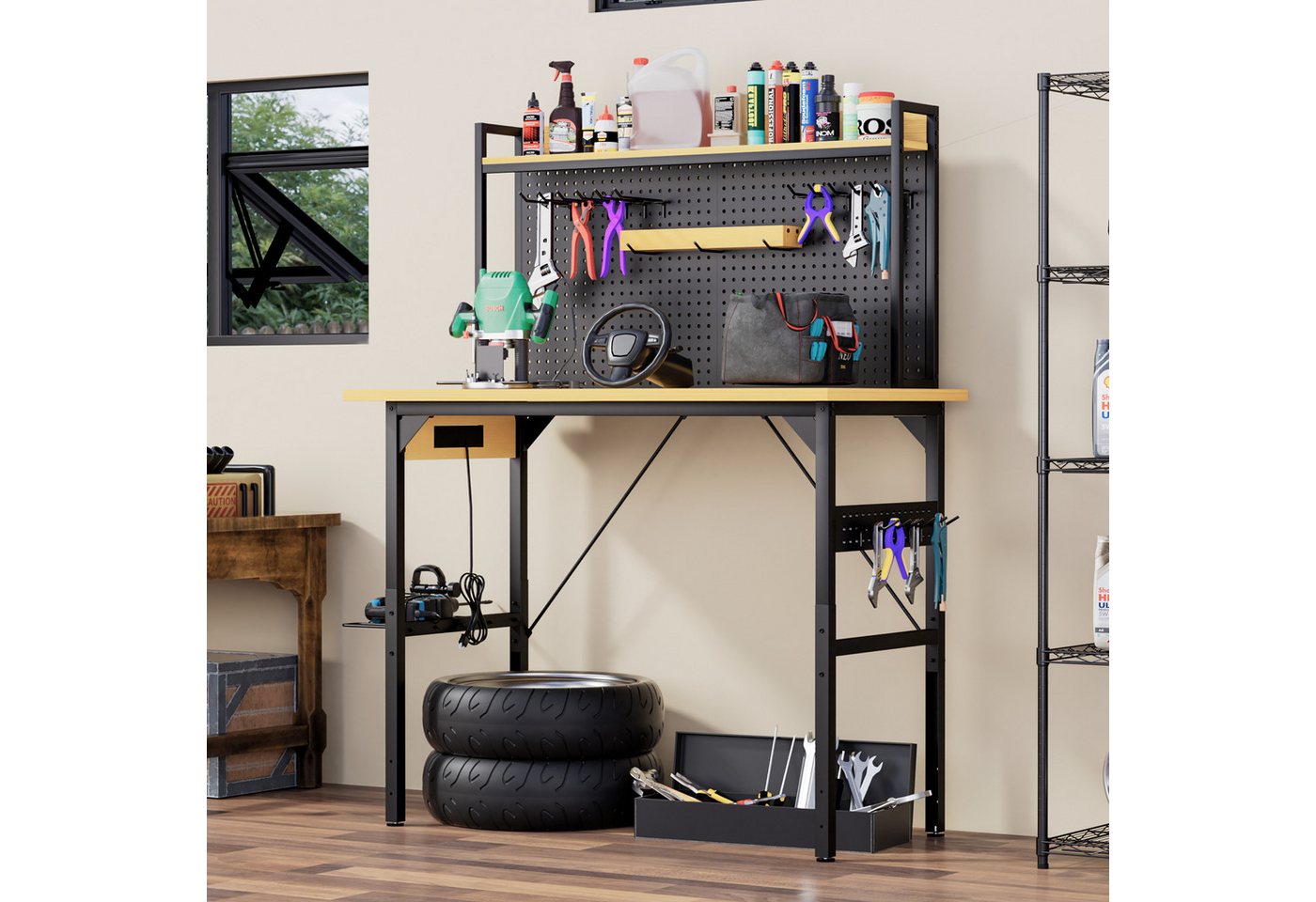 Yorbay Werkbank Höhe verstellbar mit Lochwand, 700 kg Tragkraft, mit AC/USB-Anschluss, rollbare Werkbank mit Haken, Ablage, 120cm Breit Bild 4