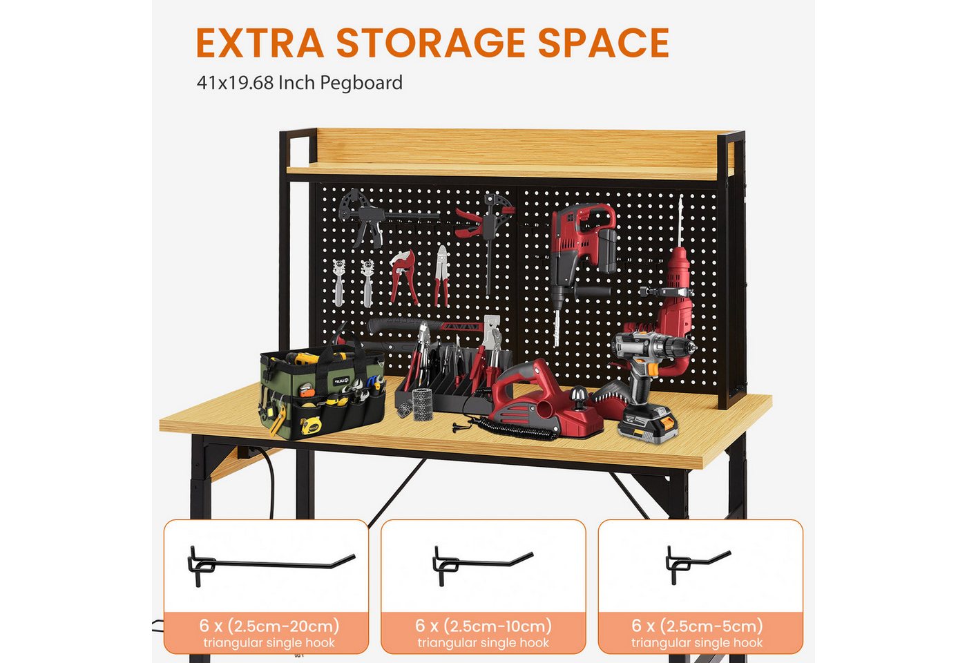 Yorbay Werkbank Höhe verstellbar mit Lochwand, 700 kg Tragkraft, mit AC/USB-Anschluss, rollbare Werkbank mit Haken, Ablage, 120cm Breit Bild 5