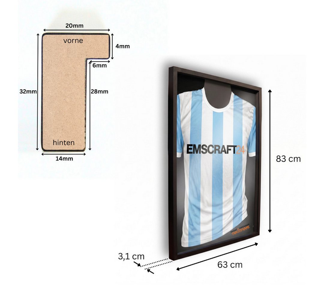 EmsCraft24 Bilderrahmen Trikotrahmen mit Trikot Bügel Halterung 63 x 83 cm Schwarz EmsCraft24