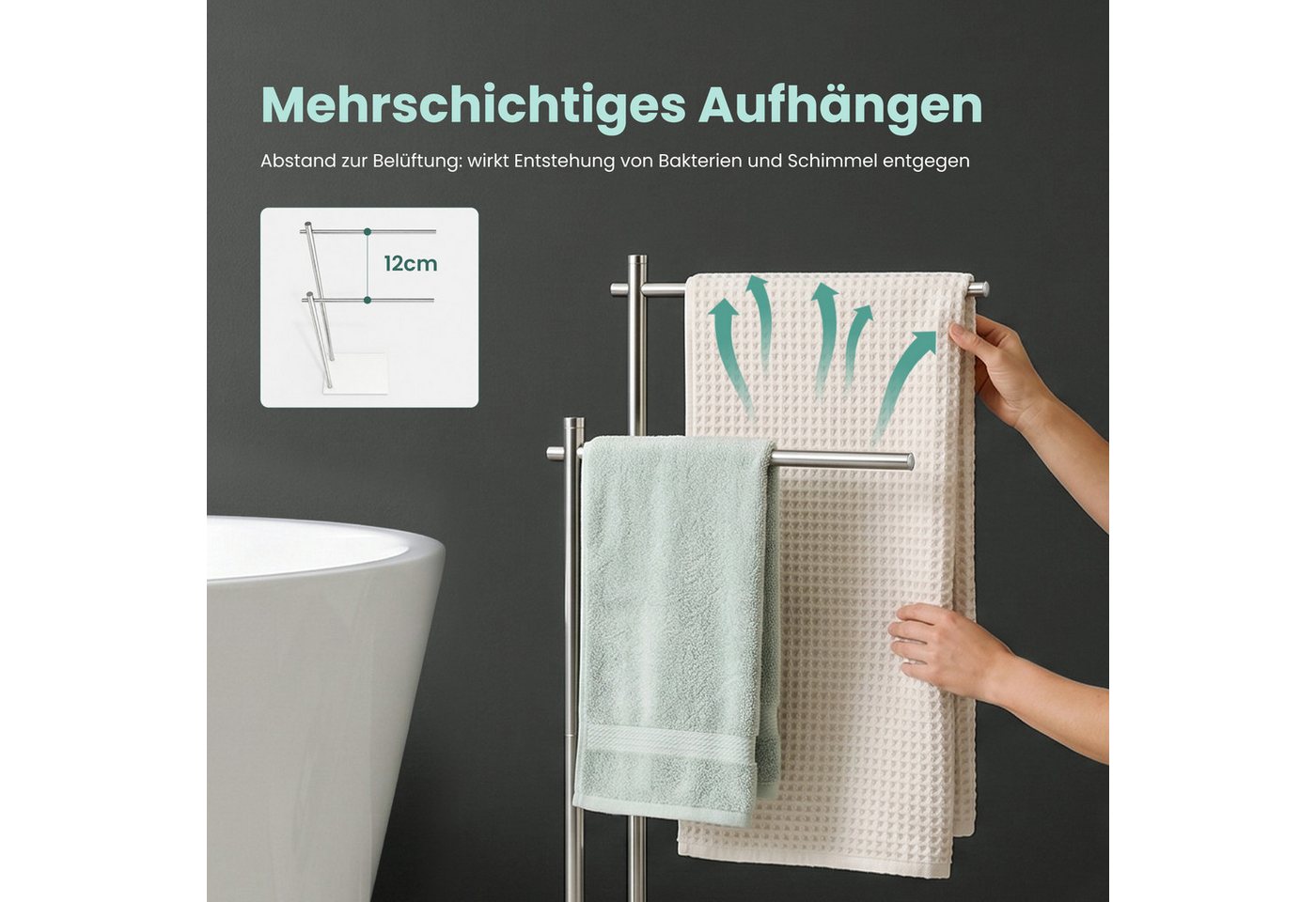 Mai & Mai Handtuchhalter Stehend Bad Handtuchständer mit 2 Handtuchstangen Edelstahl Tavrin-07, Versetzte Handtuchstangen,Untere Ablage,304-Edelstahl,Freistehend Bild 4