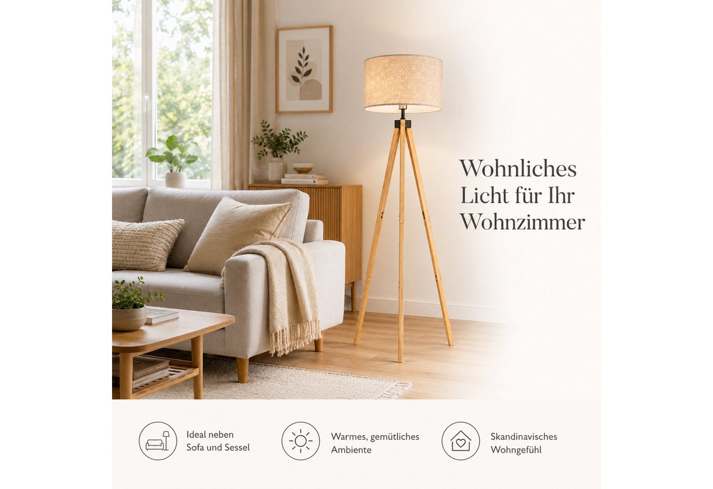 Fyrove Stehlampe wohnzimmer Leselampe Stehleuchte Stativ aus Holz, E27 LED Stehlampe, (Gluhbirne nicht enthalten), fur wohnzimmer Leselampe Schlafzimmer,Buro Arbeitslampe, Wohnzimmerleuchte,Skandinavischer