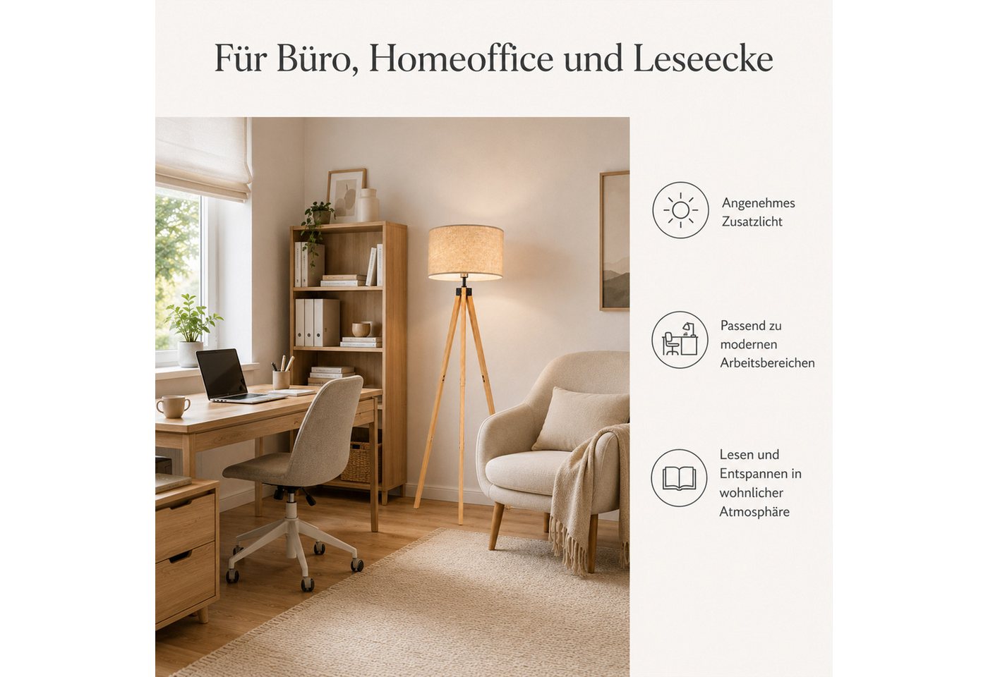Fyrove Stehlampe wohnzimmer Leselampe Stehleuchte Stativ aus Holz, E27 LED Stehlampe, (Gluhbirne nicht enthalten), fur wohnzimmer Leselampe Schlafzimmer,Buro Arbeitslampe, Wohnzimmerleuchte,Skandinavischer Bild 3