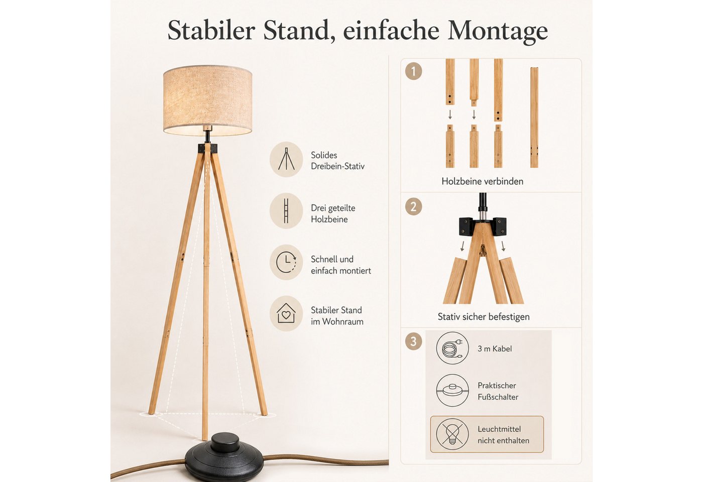 Fyrove Stehlampe wohnzimmer Leselampe Stehleuchte Stativ aus Holz, E27 LED Stehlampe, (Gluhbirne nicht enthalten), fur wohnzimmer Leselampe Schlafzimmer,Buro Arbeitslampe, Wohnzimmerleuchte,Skandinavischer Bild 5