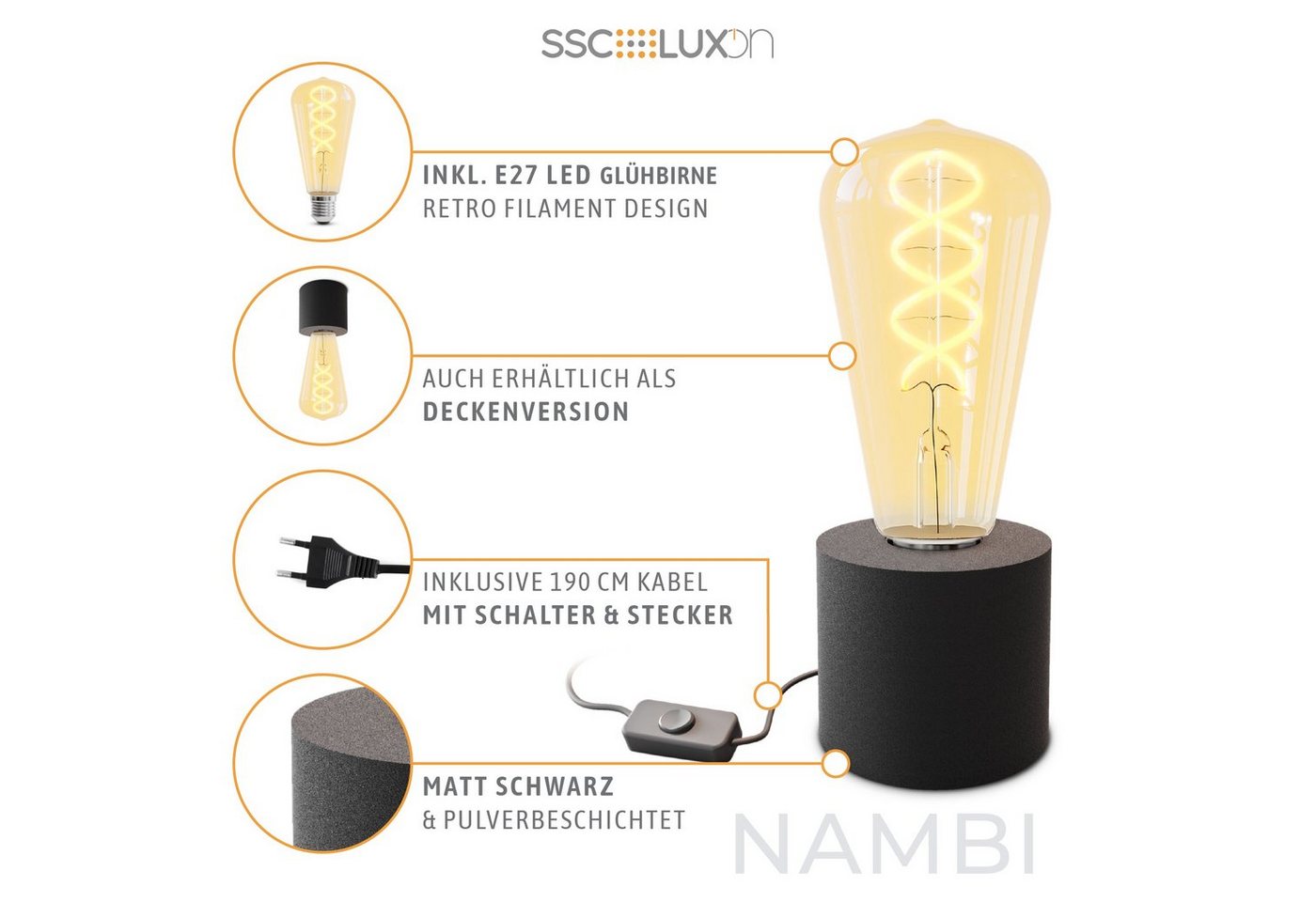 SSC-LUXon LED Spiegelleuchte NAMBI Wand- & Tischlampe schwarz mit Kabel & Stecker mit Edison LED, Extra Warmweiß Bild 3