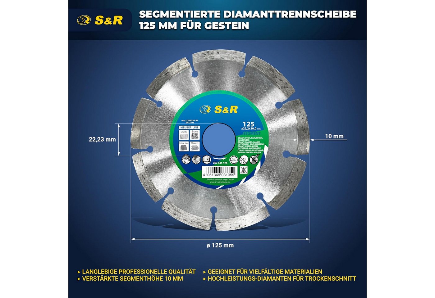 S&R Diamanttrennscheibe Industrie-Qualität, Trennscheibe 125 x 22,23 mm zum Schneiden von, Ø 125 mm, Granit, Stein, Naturstein, Marmor, Mauerwerk, Schamottenstein