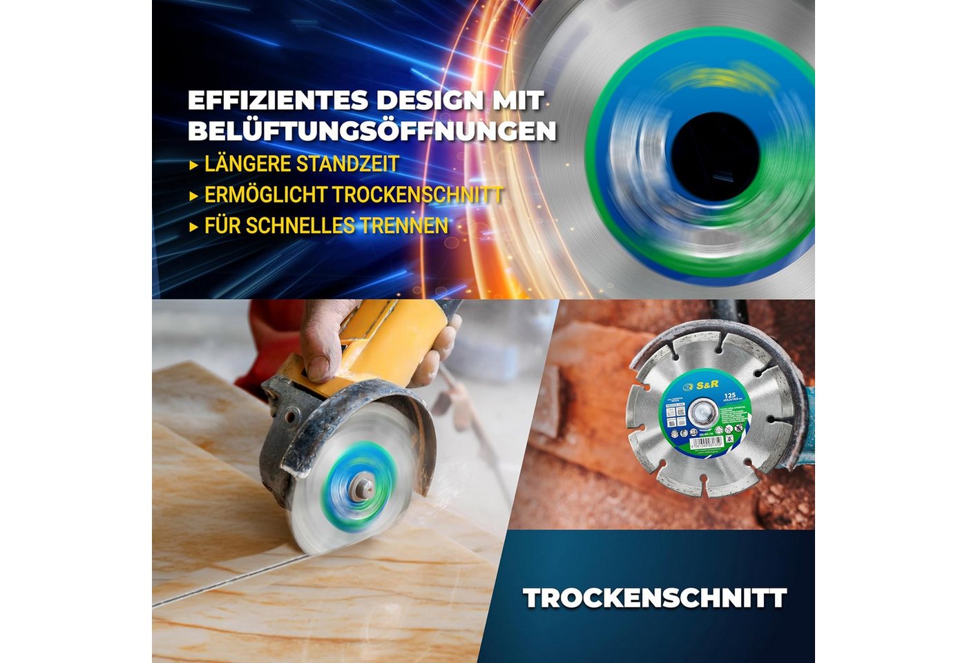 S&R Diamanttrennscheibe Industrie-Qualität, Trennscheibe 125 x 22,23 mm zum Schneiden von, Ø 125 mm, Granit, Stein, Naturstein, Marmor, Mauerwerk, Schamottenstein Bild 2