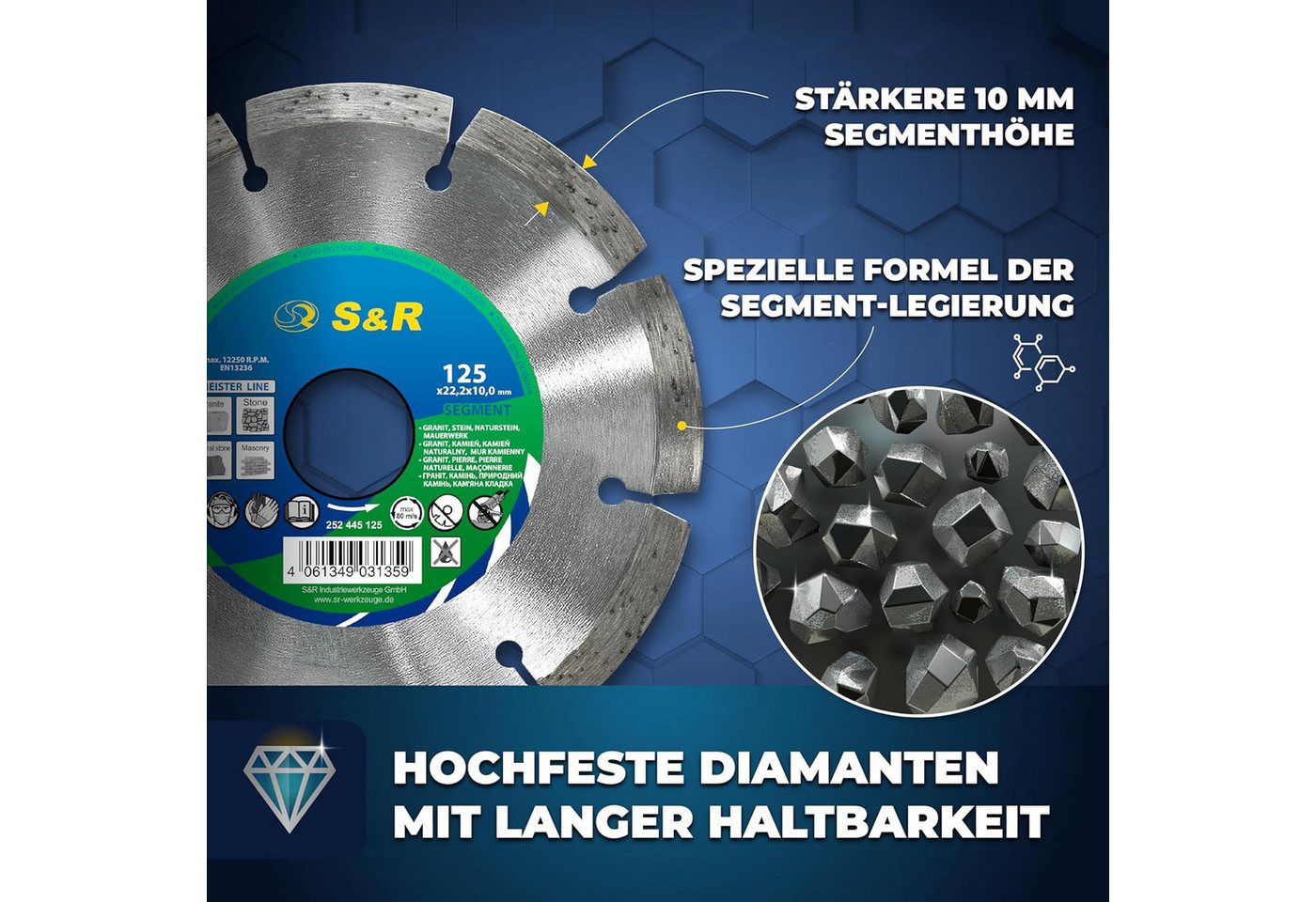 S&R Diamanttrennscheibe Industrie-Qualität, Trennscheibe 125 x 22,23 mm zum Schneiden von, Ø 125 mm, Granit, Stein, Naturstein, Marmor, Mauerwerk, Schamottenstein Bild 4