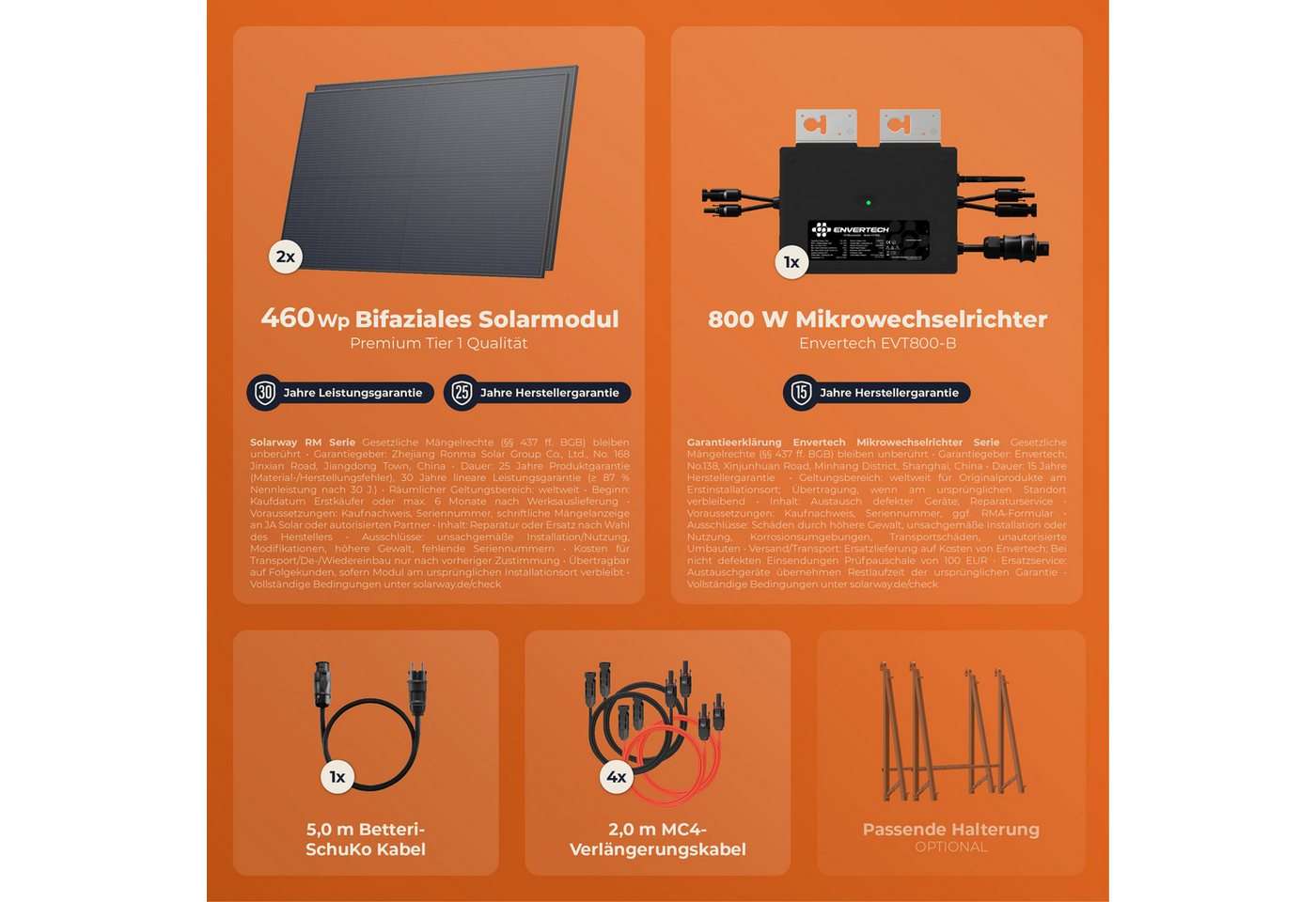 Solarway Balkonkraftwerk 920 Wp / 800 Watt Komplettset Solaranlage Steckdose / Bifazial, neuester 800 Watt Wechselrichter Solarmodule & Envertech & Zubehör