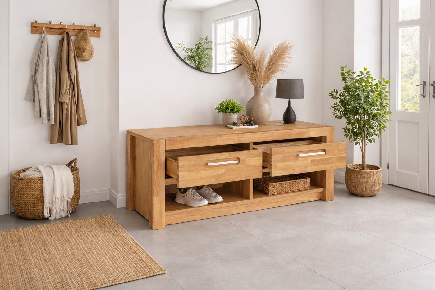 bv-vertrieb Garderobenschrank Garderobenbank Wildeiche 2 Schubkästen und 2 offenen Fächern #4058