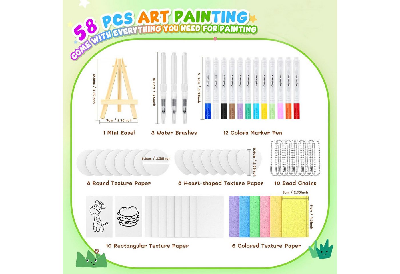 CLTYQ Kreativset 58Pcs Magische Schaum Strukturmalerei Set, (Magische 3D Effekt Textur Malerei Kit DIY Kunst Zubehör, 58-tlg), 32 Pcs Schaumstoff Textur Papier, 12 Farben Acryl Marker Stifte