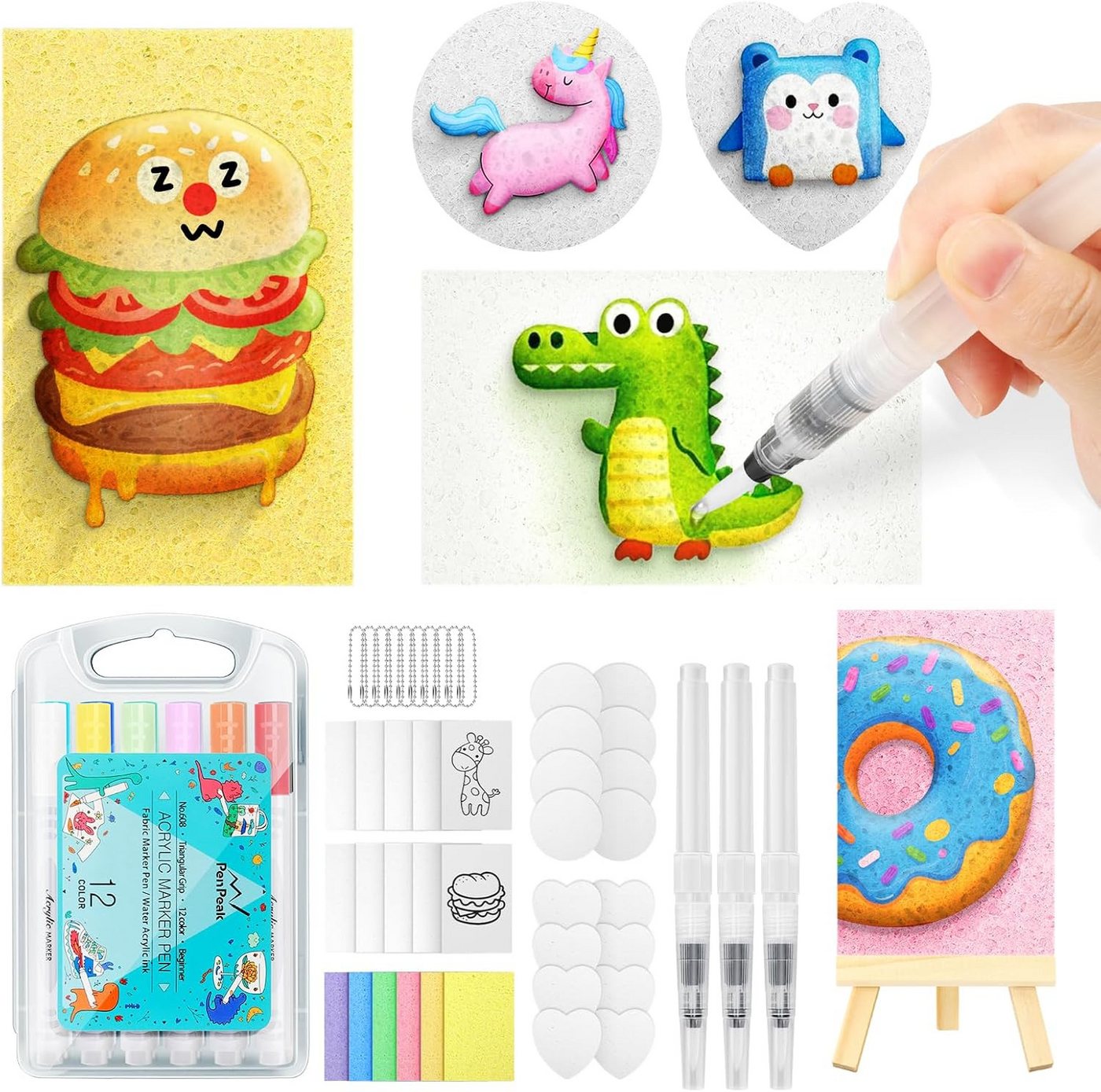 CLTYQ Kreativset 58Pcs Magische Schaum Strukturmalerei Set, (Magische 3D Effekt Textur Malerei Kit DIY Kunst Zubehör, 58-tlg), 32 Pcs Schaumstoff Textur Papier, 12 Farben Acryl Marker Stifte Bild 3