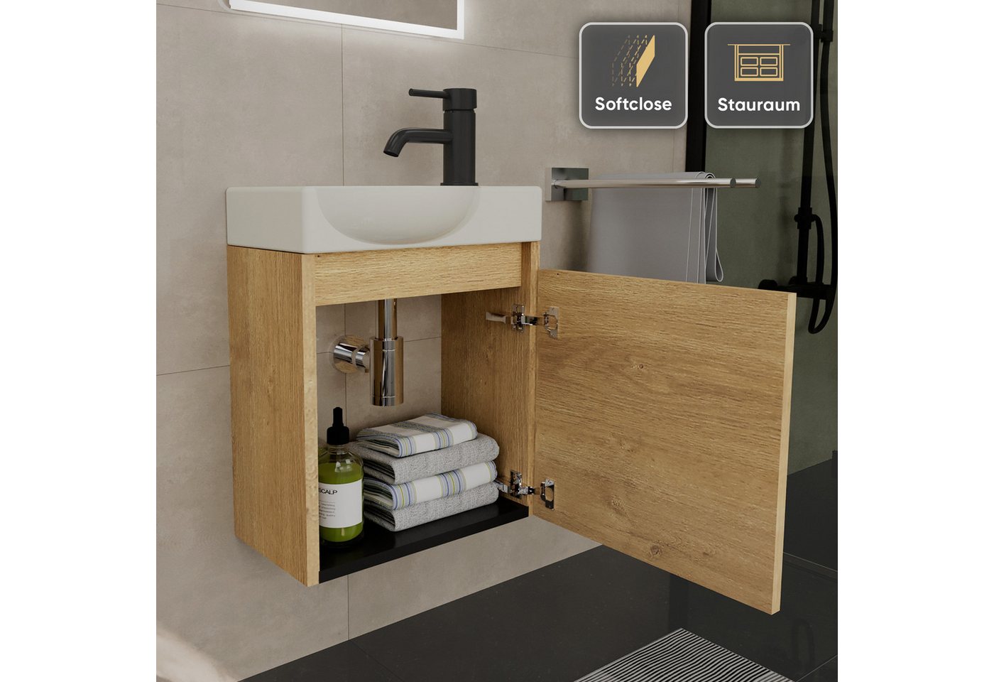 Alpenberger Waschtisch-Set Waschtisch mit Unterschrank hängend 45 cm Gäste WC, (Soft-Close Tür, MDF Eiche Natur, Keramik Becken Links mit Überlauf), Waschbecken mit Unterschrank klein & wandhängend