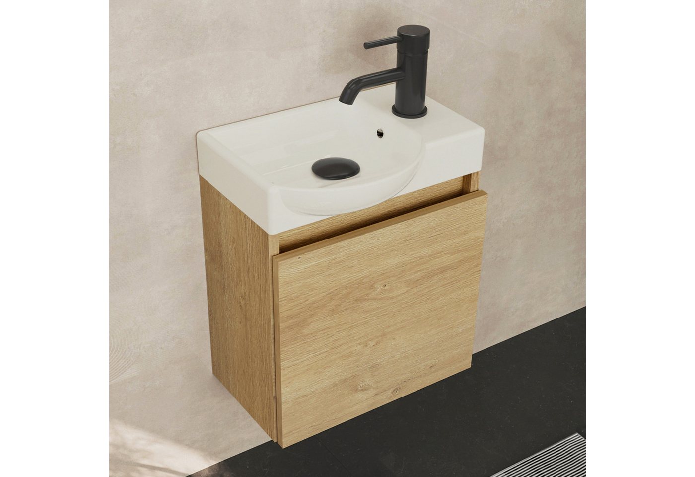 Alpenberger Waschtisch-Set Waschtisch mit Unterschrank hängend 45 cm Gäste WC, (Soft-Close Tür, MDF Eiche Natur, Keramik Becken Links mit Überlauf), Waschbecken mit Unterschrank klein & wandhängend Bild 2
