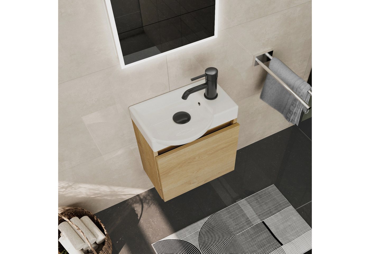Alpenberger Waschtisch-Set Waschtisch mit Unterschrank hängend 45 cm Gäste WC, (Soft-Close Tür, MDF Eiche Natur, Keramik Becken Links mit Überlauf), Waschbecken mit Unterschrank klein & wandhängend Bild 3