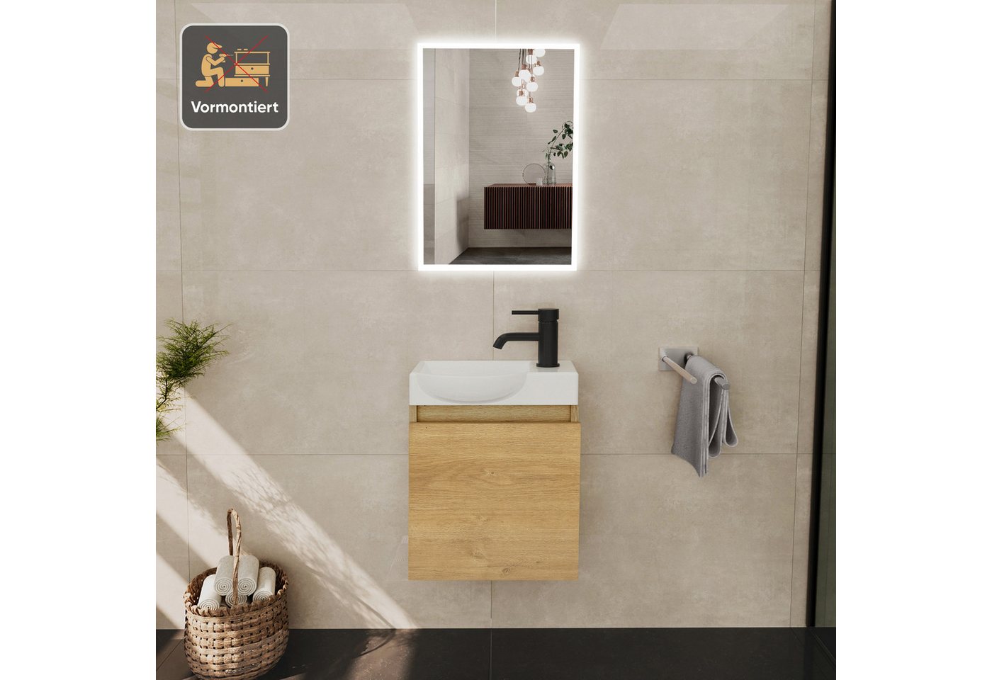 Alpenberger Waschtisch-Set Waschtisch mit Unterschrank hängend 45 cm Gäste WC, (Soft-Close Tür, MDF Eiche Natur, Keramik Becken Links mit Überlauf), Waschbecken mit Unterschrank klein & wandhängend Bild 5