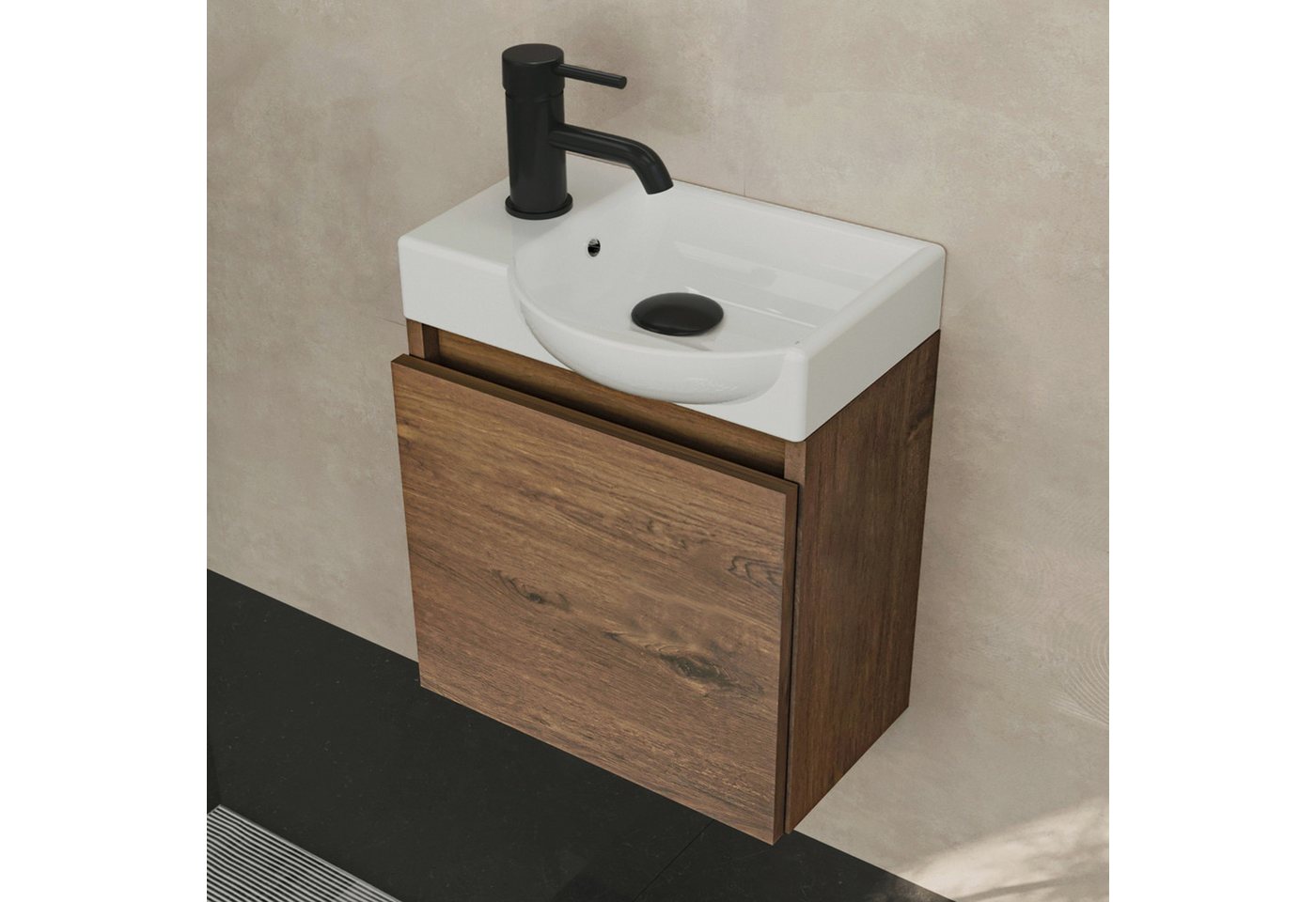 Alpenberger Waschtisch-Set Waschtisch mit Unterschrank hängend 45 cm Gäste WC, (Soft-Close Tür, MDF Eiche, Keramik Becken Rechts mit Überlauf), Waschbecken mit Unterschrank klein & wandhängend