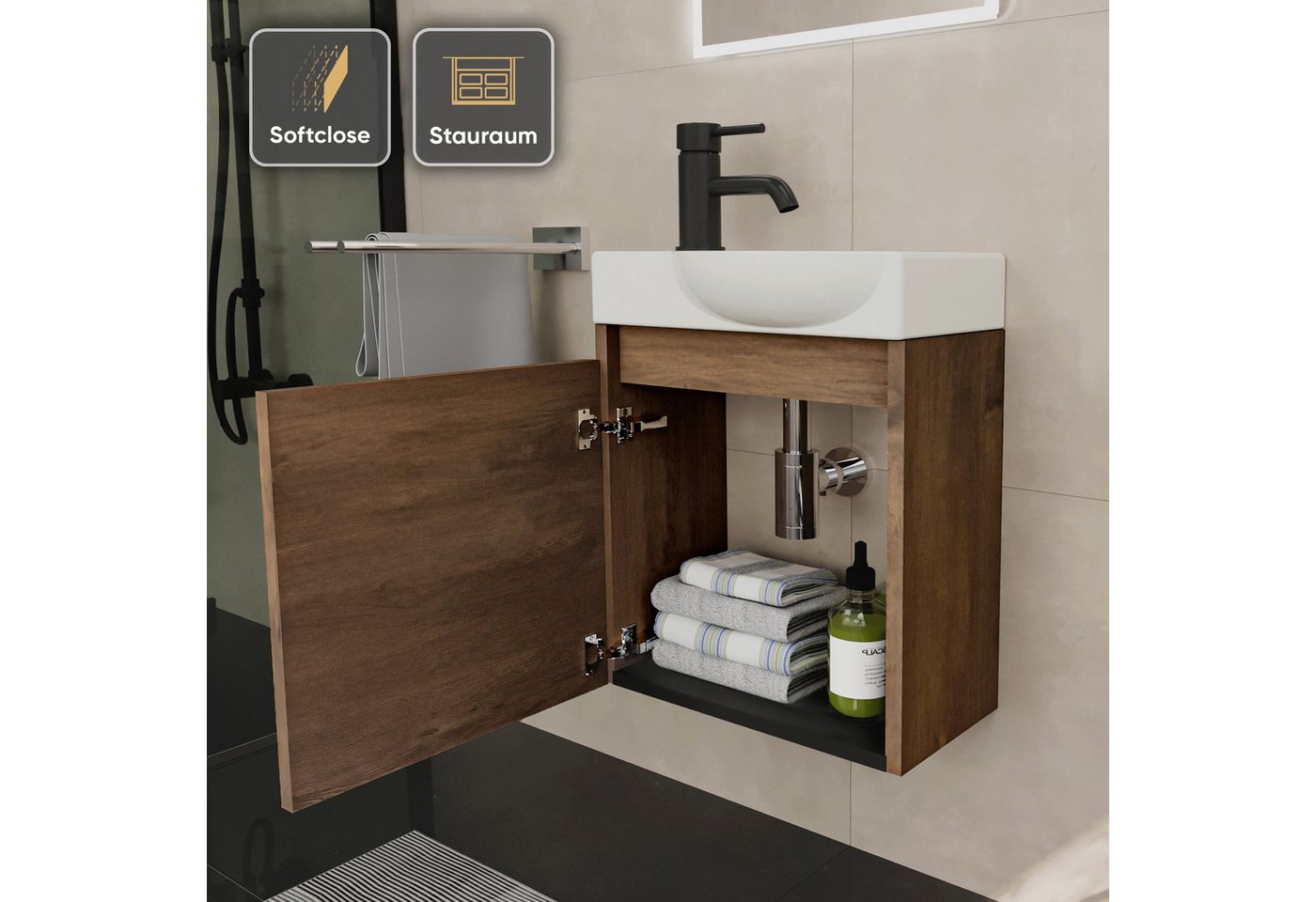 Alpenberger Waschtisch-Set Waschtisch mit Unterschrank hängend 45 cm Gäste WC, (Soft-Close Tür, MDF Eiche, Keramik Becken Rechts mit Überlauf), Waschbecken mit Unterschrank klein & wandhängend Bild 3