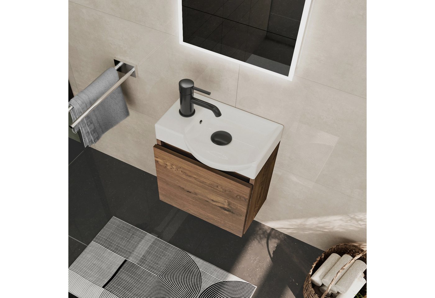 Alpenberger Waschtisch-Set Waschtisch mit Unterschrank hängend 45 cm Gäste WC, (Soft-Close Tür, MDF Eiche, Keramik Becken Rechts mit Überlauf), Waschbecken mit Unterschrank klein & wandhängend Bild 4