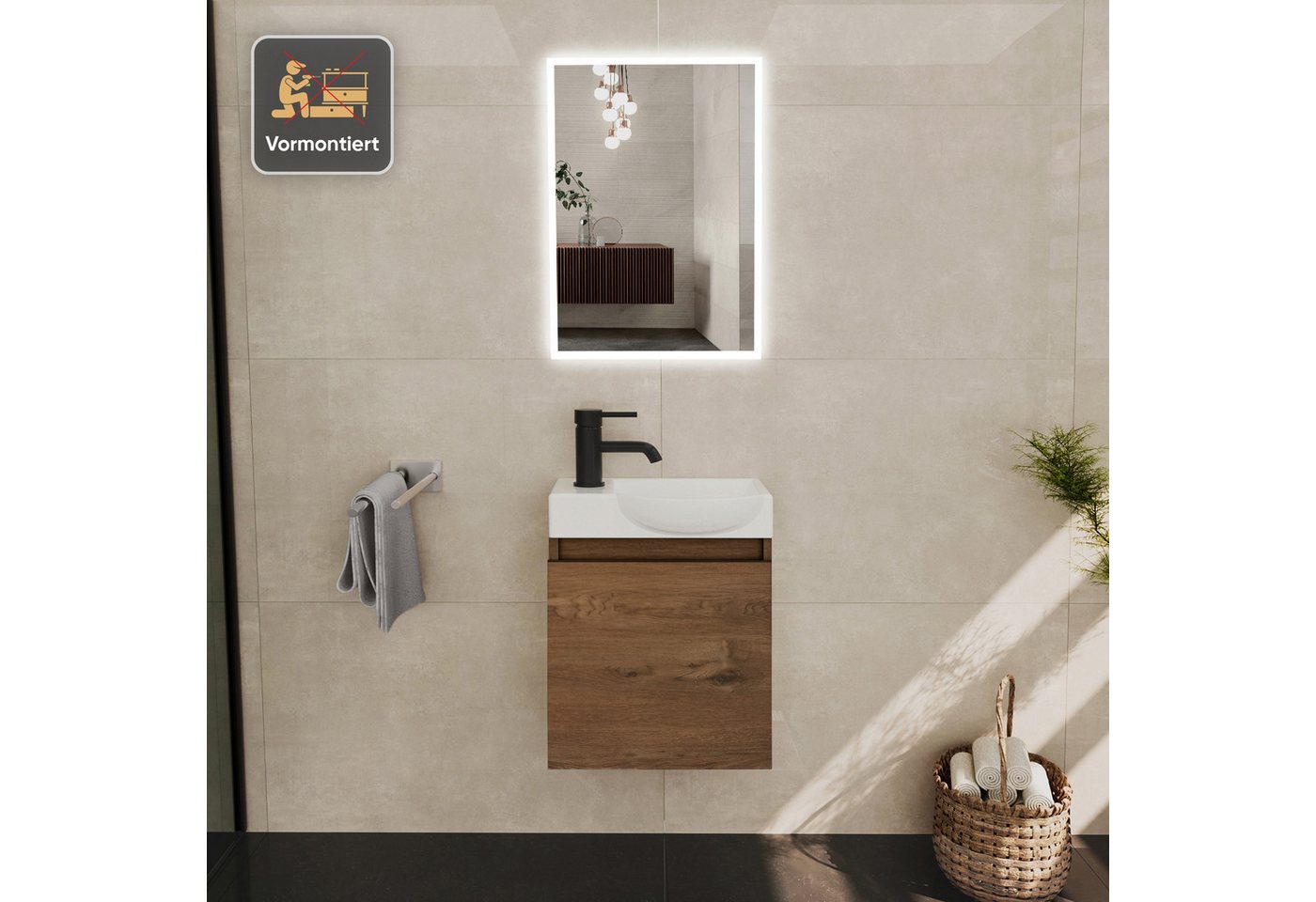 Alpenberger Waschtisch-Set Waschtisch mit Unterschrank hängend 45 cm Gäste WC, (Soft-Close Tür, MDF Eiche, Keramik Becken Rechts mit Überlauf), Waschbecken mit Unterschrank klein & wandhängend Bild 5