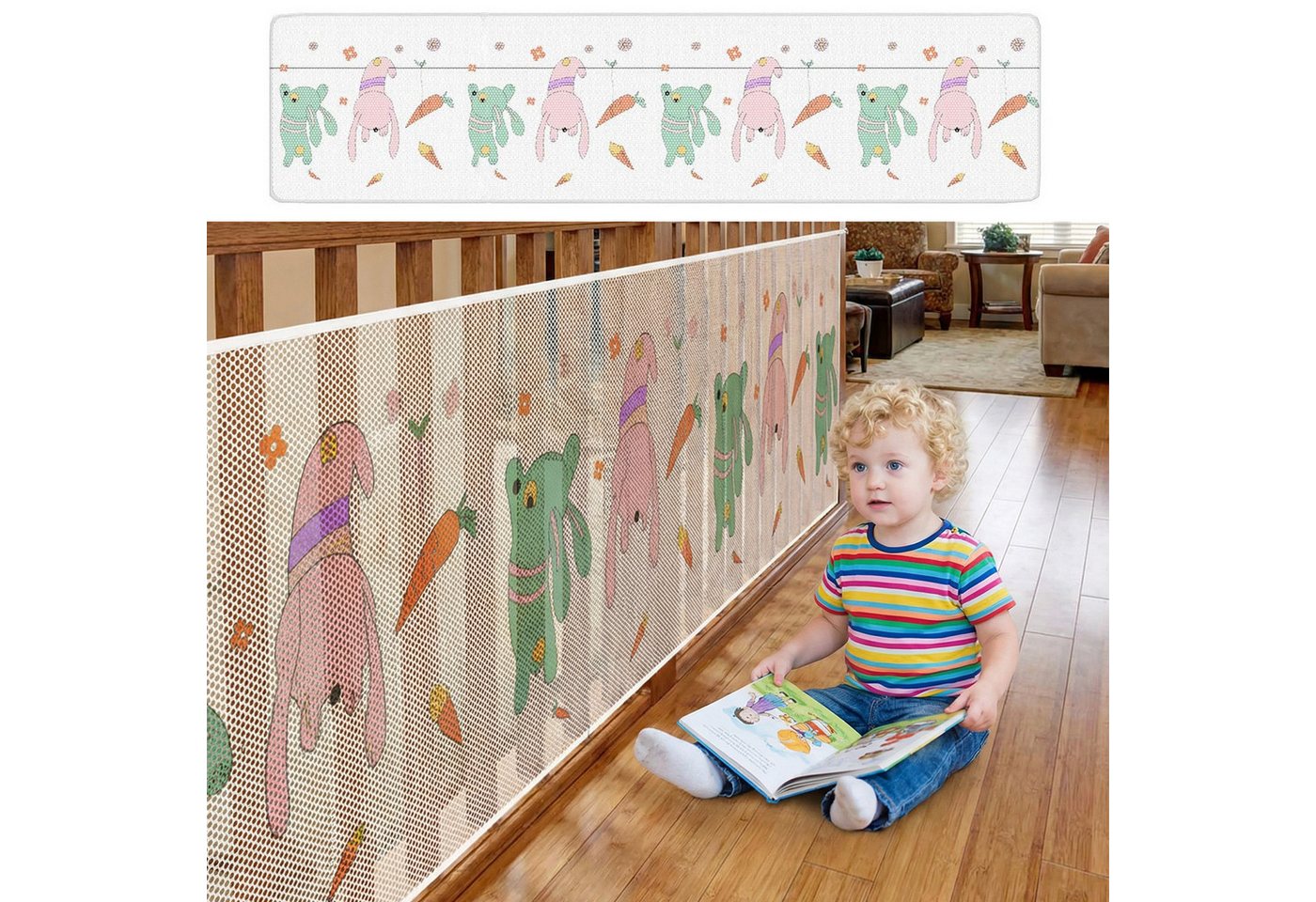 BlingBin Schutznetz 79x300cm Treppen Schutznetz, Treppengeländer Sicherheitsnetz Kinder, BxL: 0.79x3 m, (1er Set, 1-St., Material: Verdicktes Polyestergewebe), Safety Net für Balkongeländer und Treppengeländer, Baby Balkonnetz Bild 2