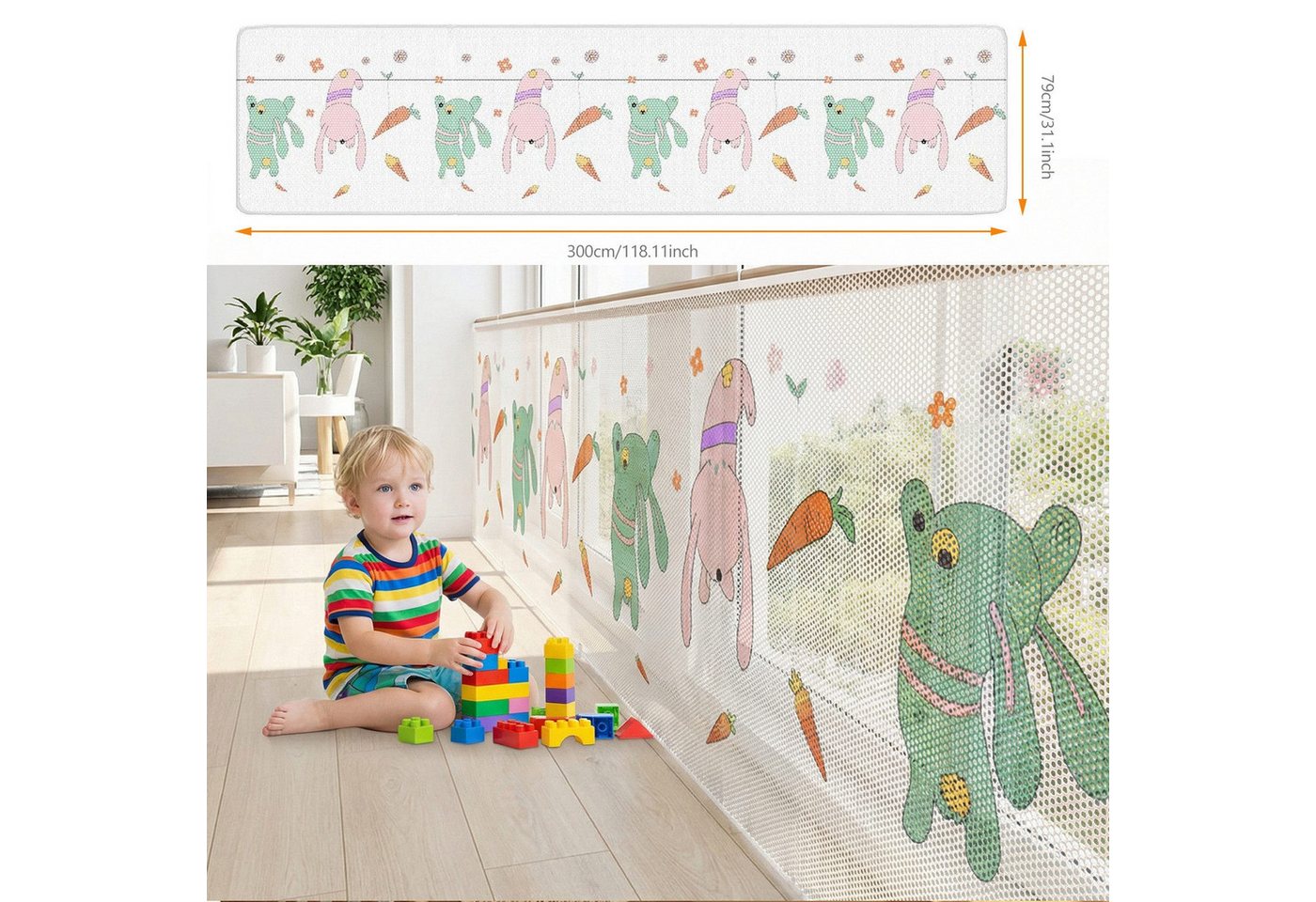 BlingBin Schutznetz 79x300cm Treppen Schutznetz, Treppengeländer Sicherheitsnetz Kinder, BxL: 0.79x3 m, (1er Set, 1-St., Material: Verdicktes Polyestergewebe), Safety Net für Balkongeländer und Treppengeländer, Baby Balkonnetz Bild 3