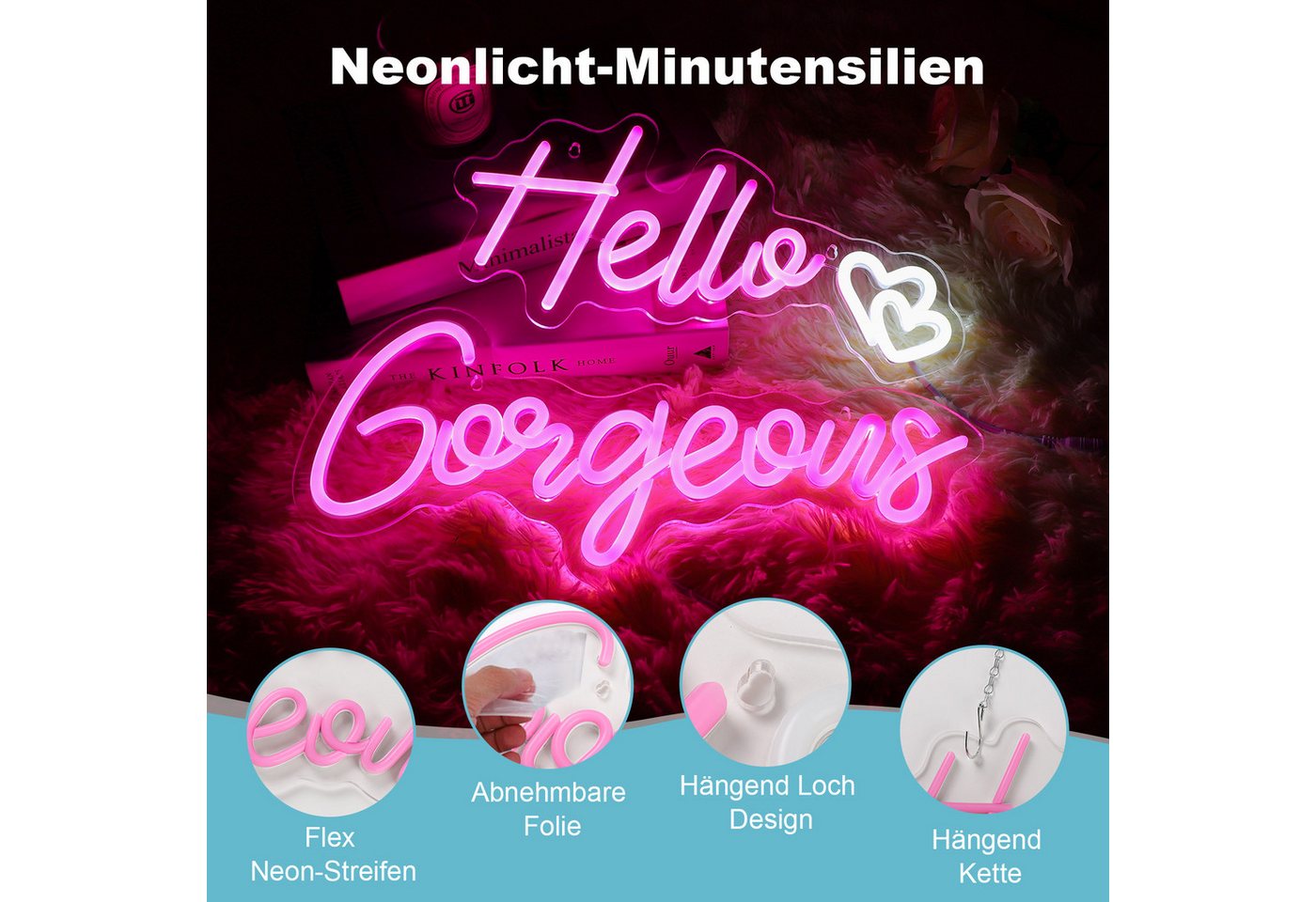 MUPOO Dekolicht LED Dekolicht,Hallo Gorgeous Neonschild Rosa,Dimmbar, LED Neon Lichter,für Schlafzimmer Hochzeit Dekoration