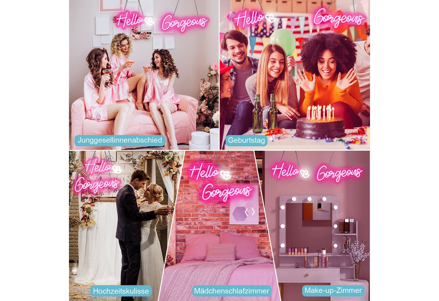 MUPOO Dekolicht LED Dekolicht,Hallo Gorgeous Neonschild Rosa,Dimmbar, LED Neon Lichter,für Schlafzimmer Hochzeit Dekoration Bild 2