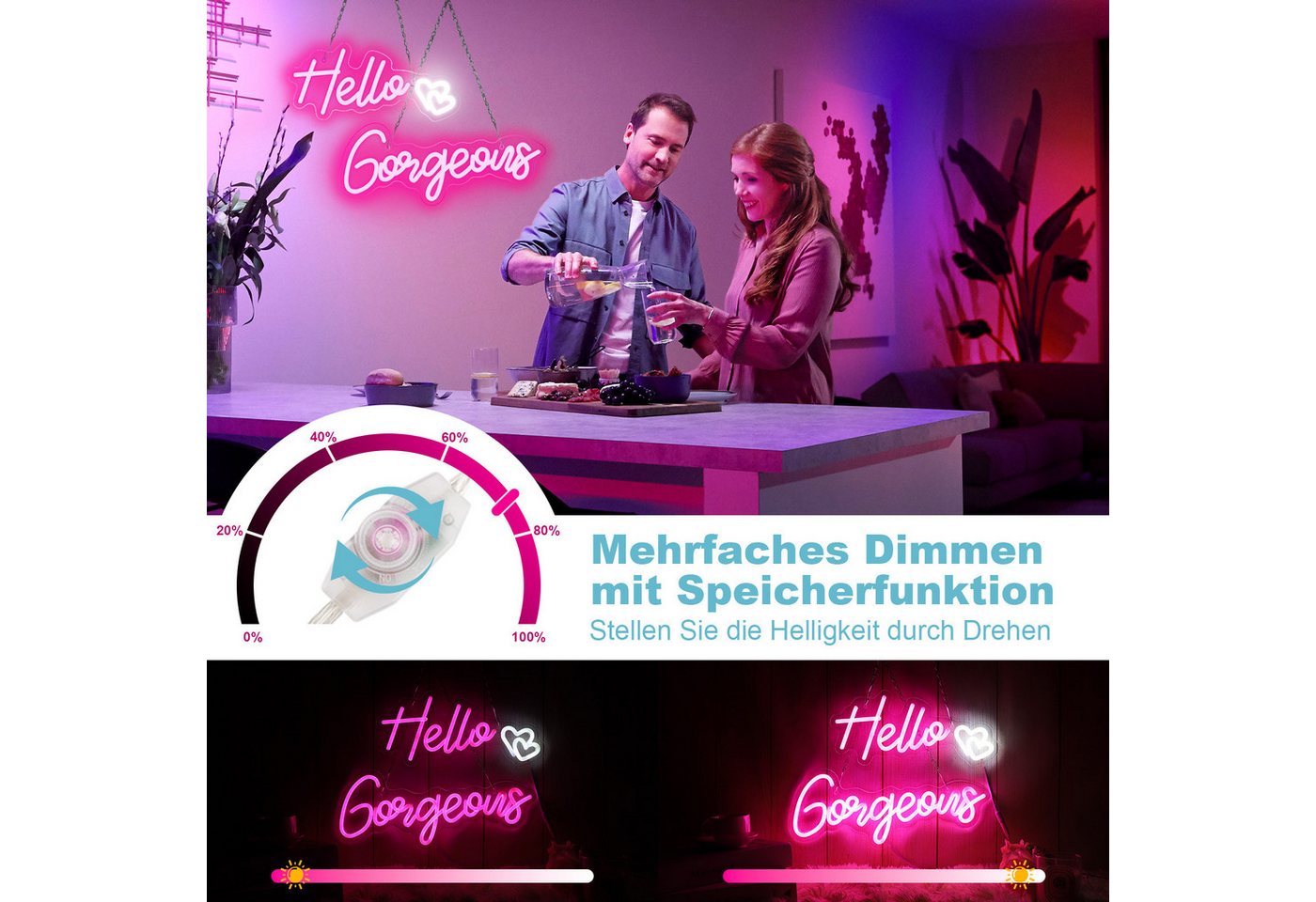 MUPOO Dekolicht LED Dekolicht,Hallo Gorgeous Neonschild Rosa,Dimmbar, LED Neon Lichter,für Schlafzimmer Hochzeit Dekoration Bild 3