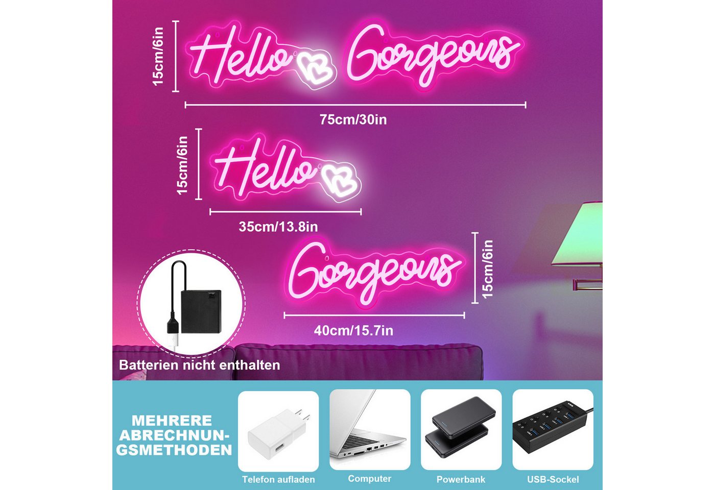 MUPOO Dekolicht LED Dekolicht,Hallo Gorgeous Neonschild Rosa,Dimmbar, LED Neon Lichter,für Schlafzimmer Hochzeit Dekoration Bild 4