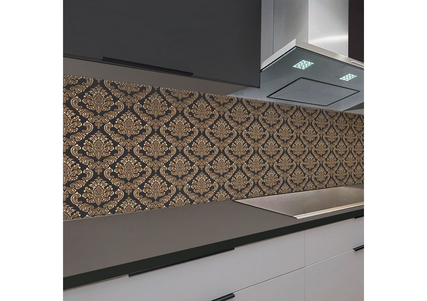 Rodnik Küchenrückwand Schwarz Gold Barock, (mit goldfarbenen Ornamenten), ABS-Platte mit Direktdruck, fugendeckend, robust Bild 5
