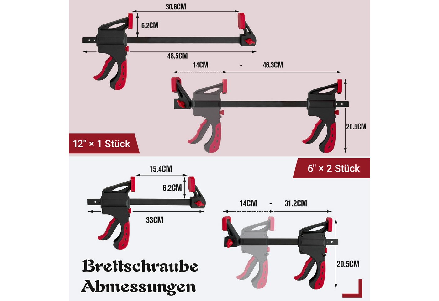 Thanaddo Zwinge Schraubzwinge Set Einhandzwingen Set, (4 Zollx6,6 Zollx2+12 Zoll,12 Zollx6, 3 St., 2 in 1 Spannkraft 70kg), für präzises Fixieren Holzarbeiten, Heimwerken Klemmen Bild 2