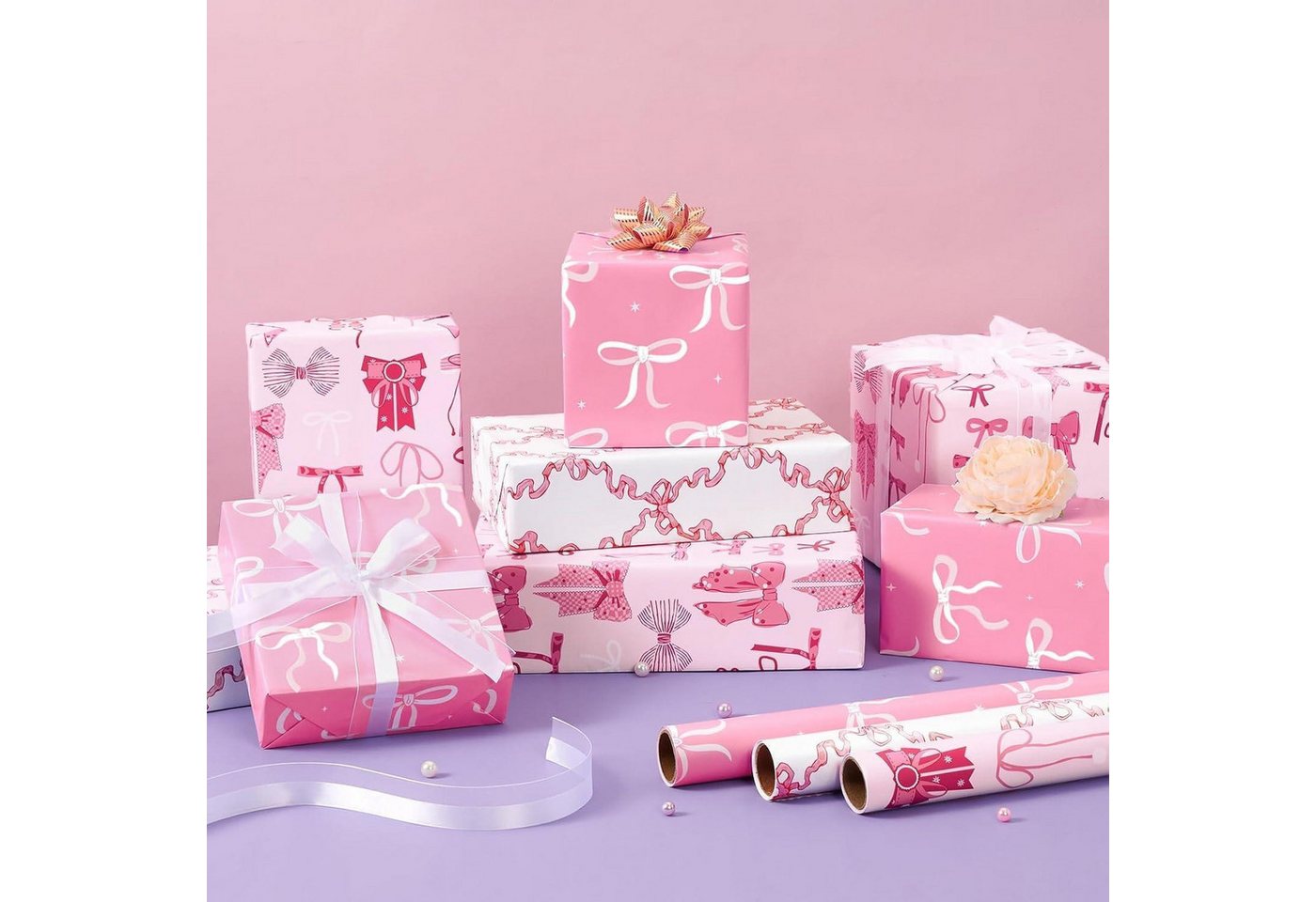 LuxusKollektion Geschenkpapier Geschenkpapier Mädchen 3 Rollen rosa Schleife Geburtstag Rosa Bogen