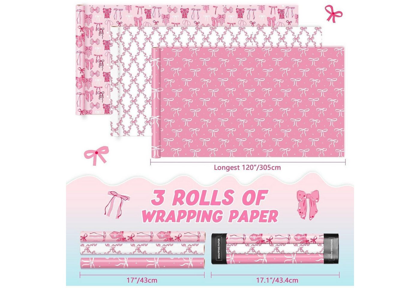 LuxusKollektion Geschenkpapier Geschenkpapier Mädchen 3 Rollen rosa Schleife Geburtstag Rosa Bogen Bild 4